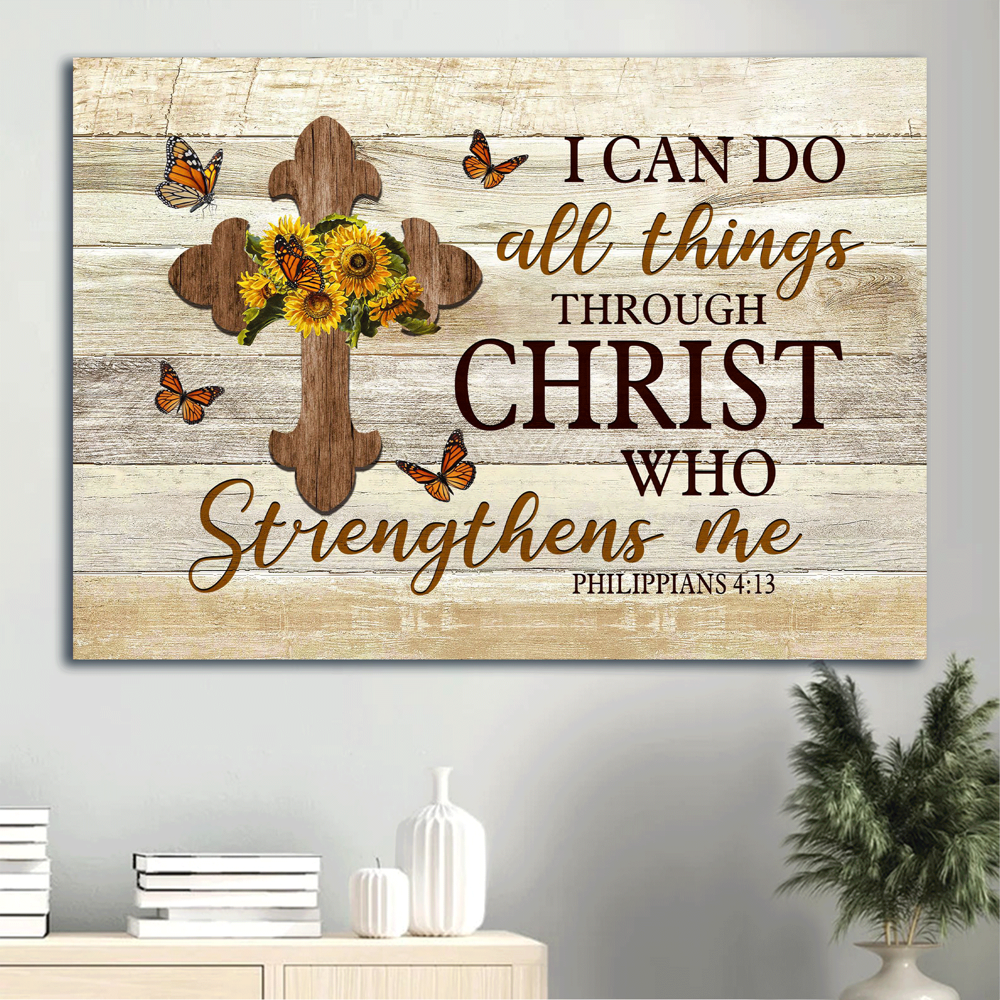 Jesus Landscape Canvas - Sunflower, Butterfly, Wooden Cross Canvas - Gift For Christian - I Can Do All Things Through Christ Who Strengthens Me Canvas