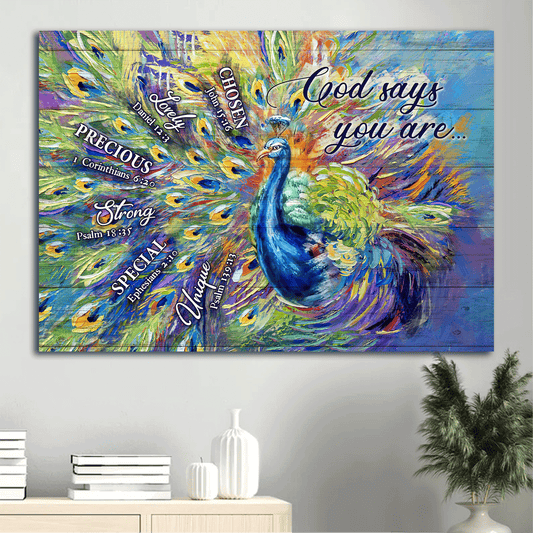 Jesus Landscape Canvas- Blue peacock painting, Colorful peacock feathers, Bible verses canvas- Gift for Christian- God says you are - Landscape Canvas Prints, Home Decor Wall Art