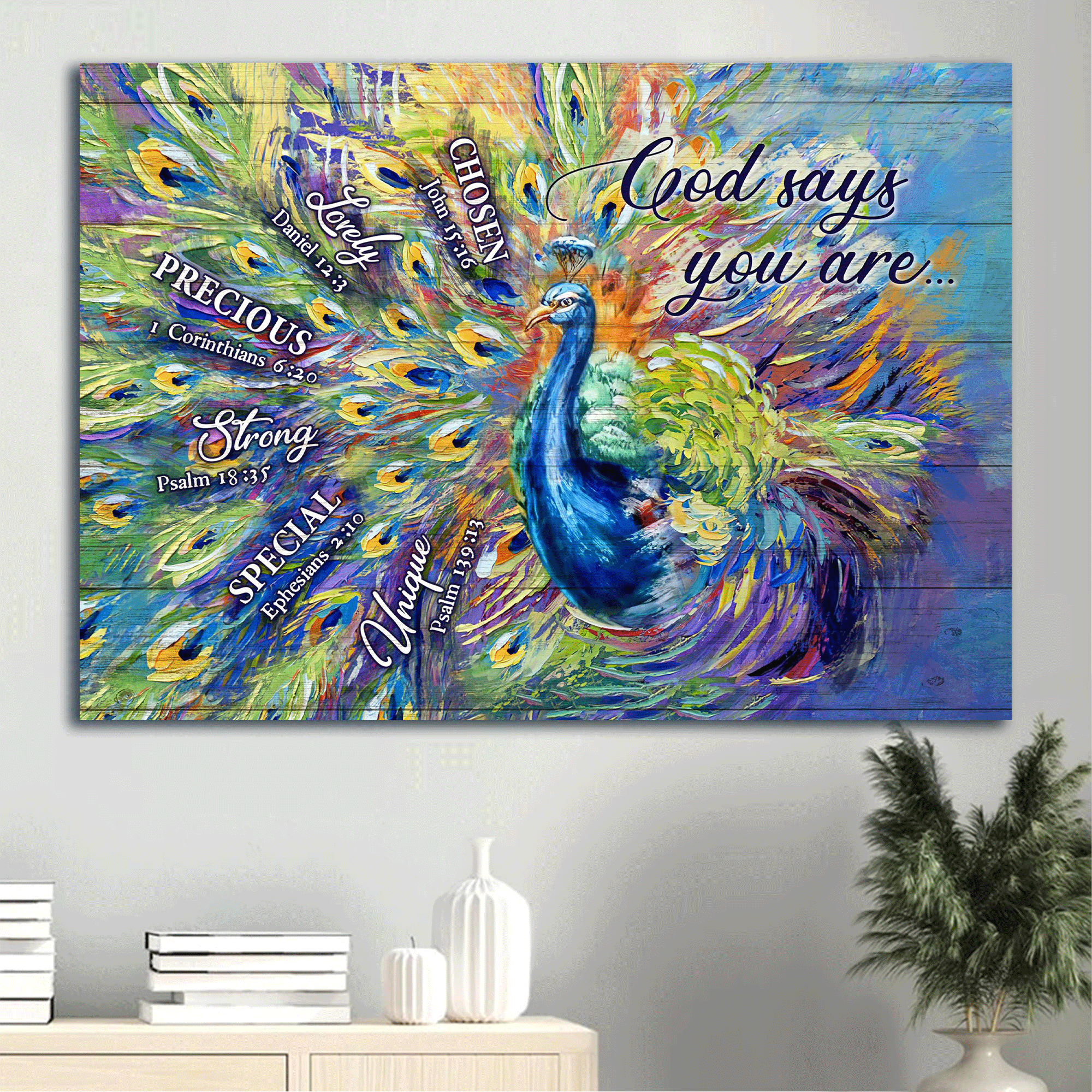 Jesus Landscape Canvas- Blue peacock painting, Colorful peacock feathers, Bible verses canvas- Gift for Christian- God says you are - Landscape Canvas Prints, Home Decor Wall Art