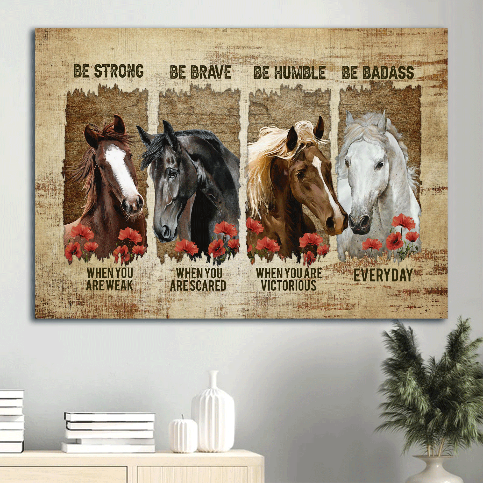 Jesus Landscape Canvas- Beautiful horses, Red poppy painting canvas- Gift for Christian- Be strong when you are weak