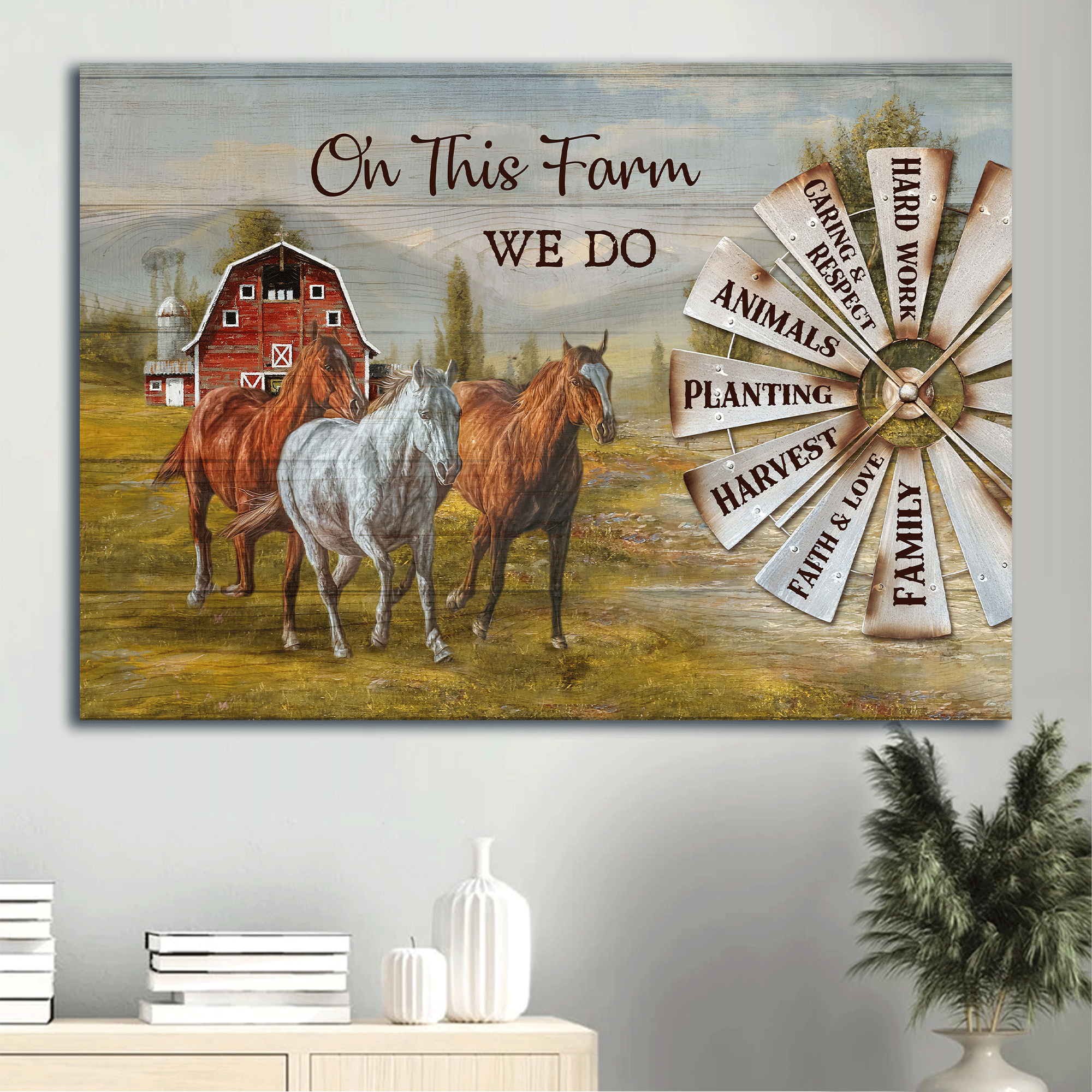 Jesus Landscape Canvas- Beautiful horses, Windmill painting, Red house canvas- Gift for Christian- On this farm we do hard work