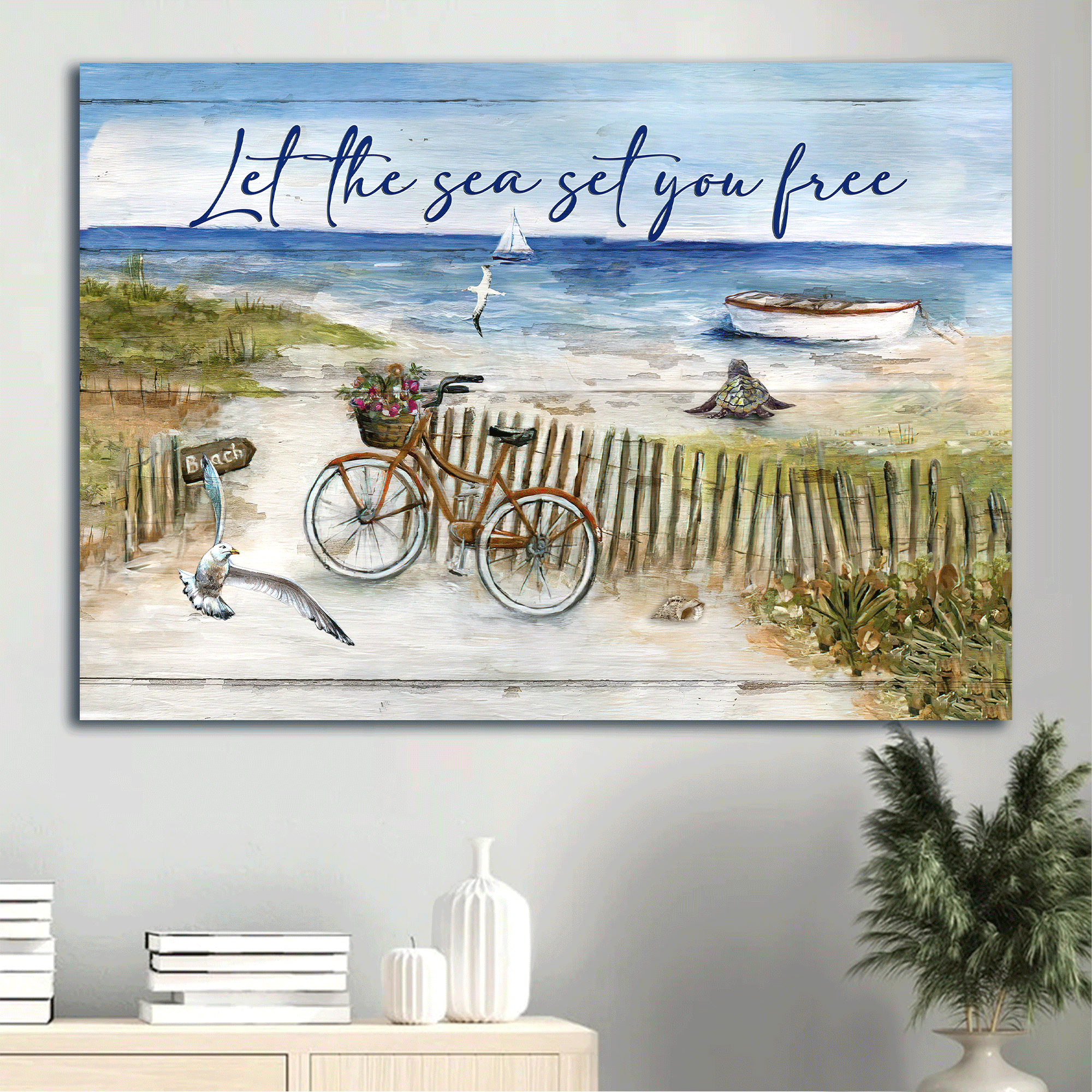 Jesus Landscape Canvas - Bicycle drawing, Blue ocean painting, Seagull Landscape Canvas - Gift For Christian - Let the sea set you free