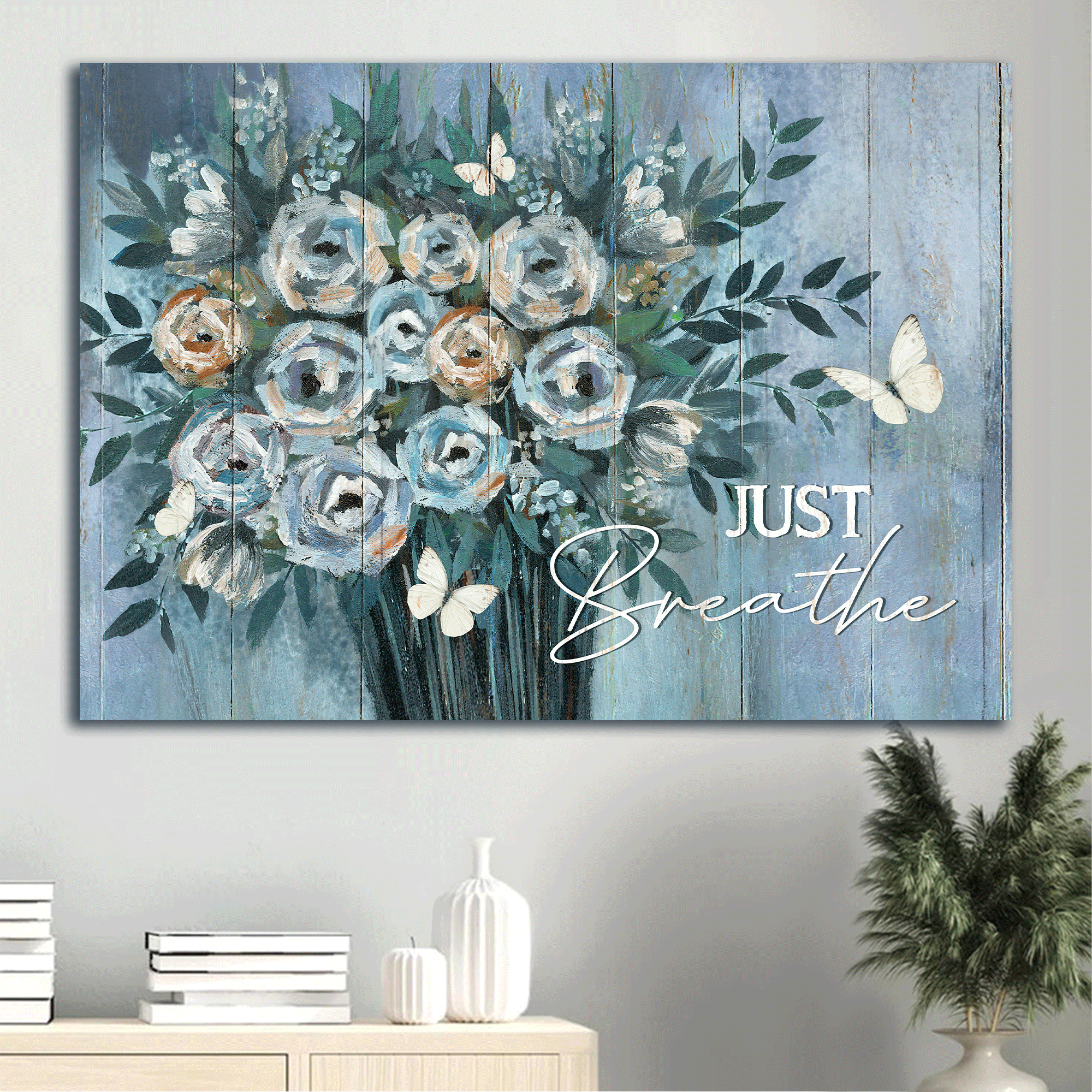 Jesus Landscape Canvas - Blue flower vase, Watercolor painting, White butterfly Landscape Canvas - Gift For Christian - Just breathe Landscape Canvas