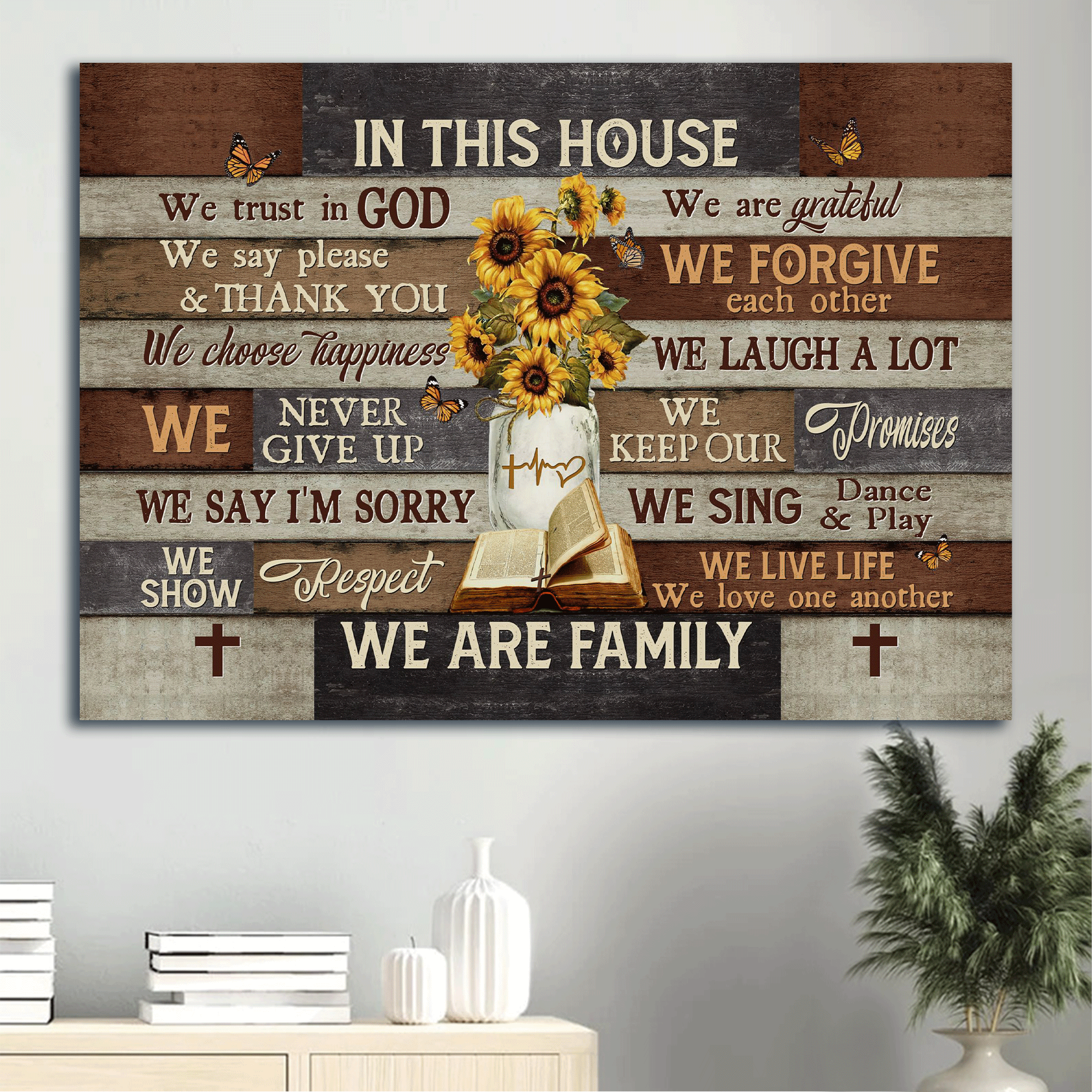 Jesus Landscape Canvas - Sunflower Vase, Antique Bible Canvas - Gift For Christian - In This House, We Trust In God Canvas