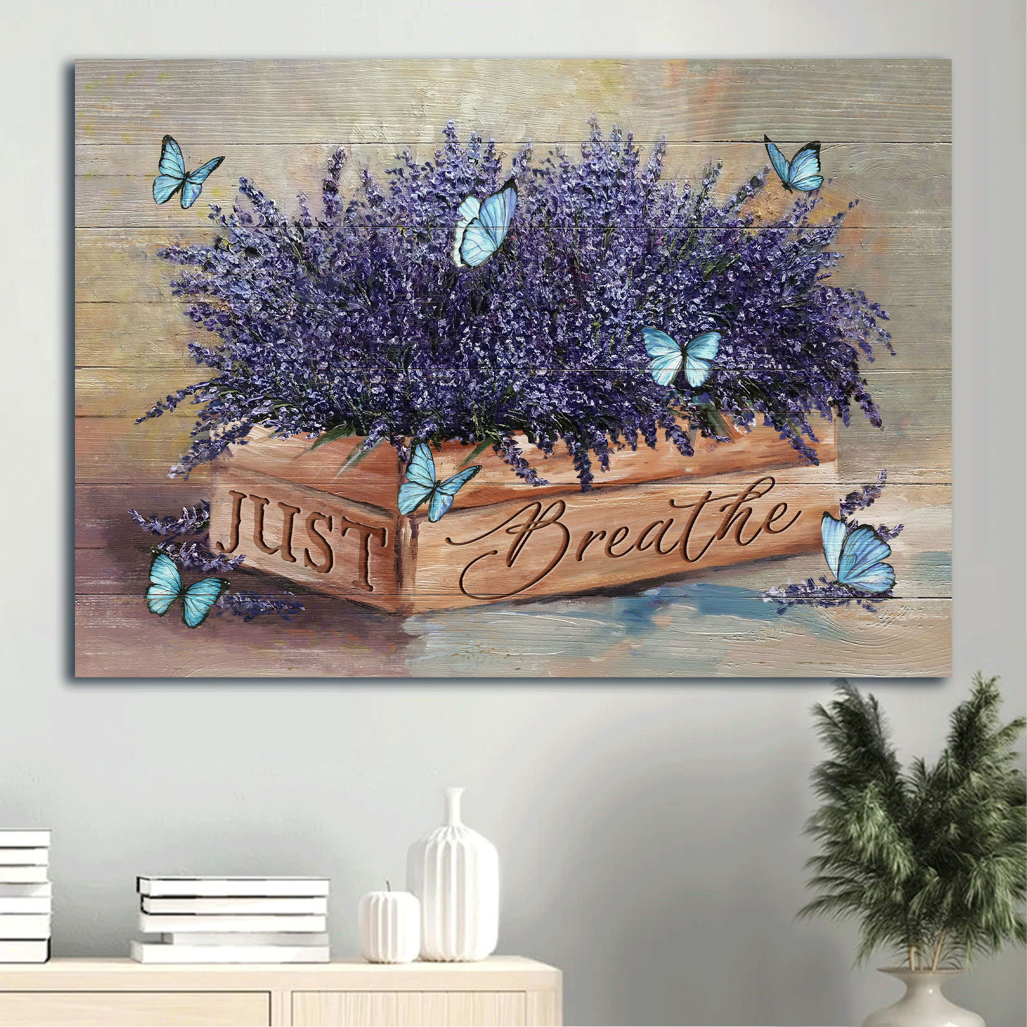 Jesus Landscape Canvas- Blue butterfly, Lavender painting, Abstract art, Inspirational quote, Just breathe canvas- Gift for Christian - Landscape Canvas Prints, Home Decor Wall Art