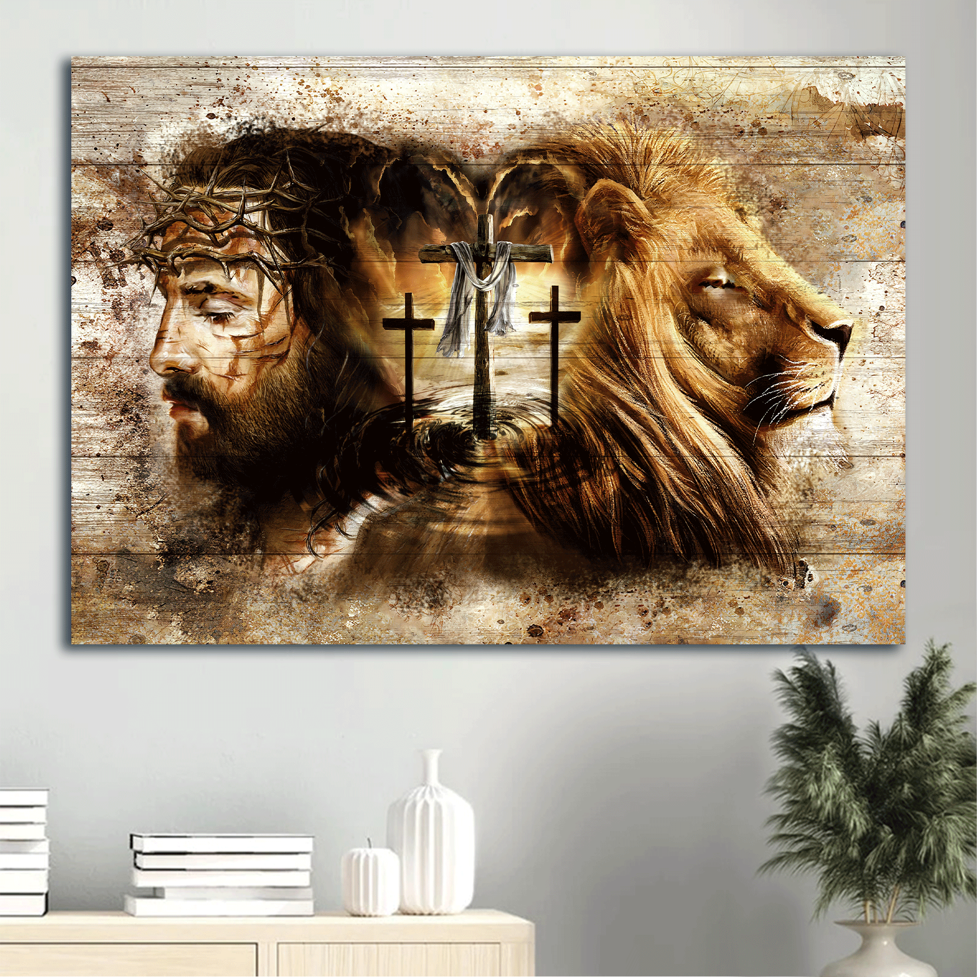 Jesus Landscape Canvas - Lion of Judah, Three wooden crosses, Vintage painting, Amazing Jesus drawing  Landscape Canvas - Gift For Christian Landscape Canvas