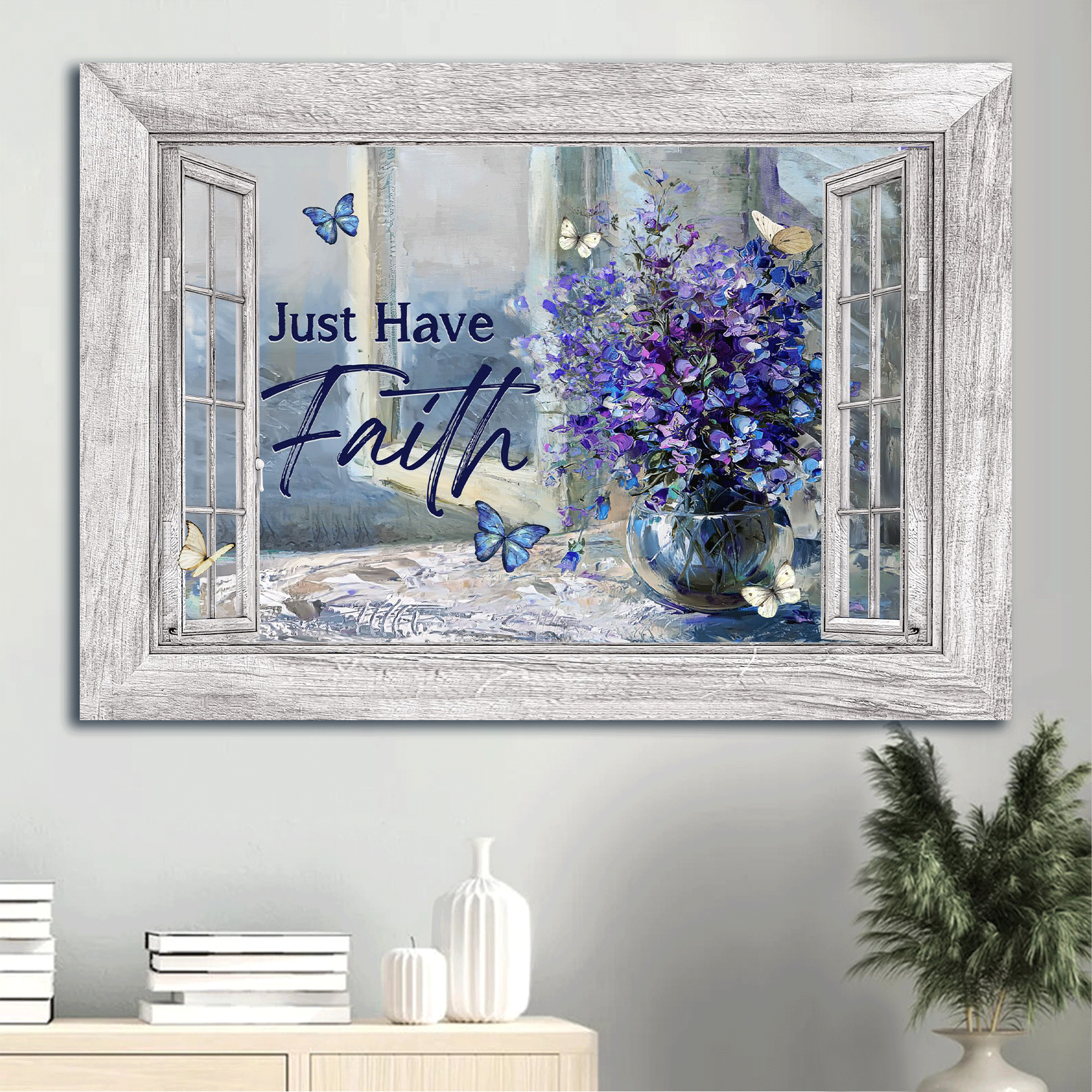 Jesus Landscape Canvas- Balloon Flower, Crystal Vase, Blue Butterfly Canvas- Gift For Christian- Just Have Faith