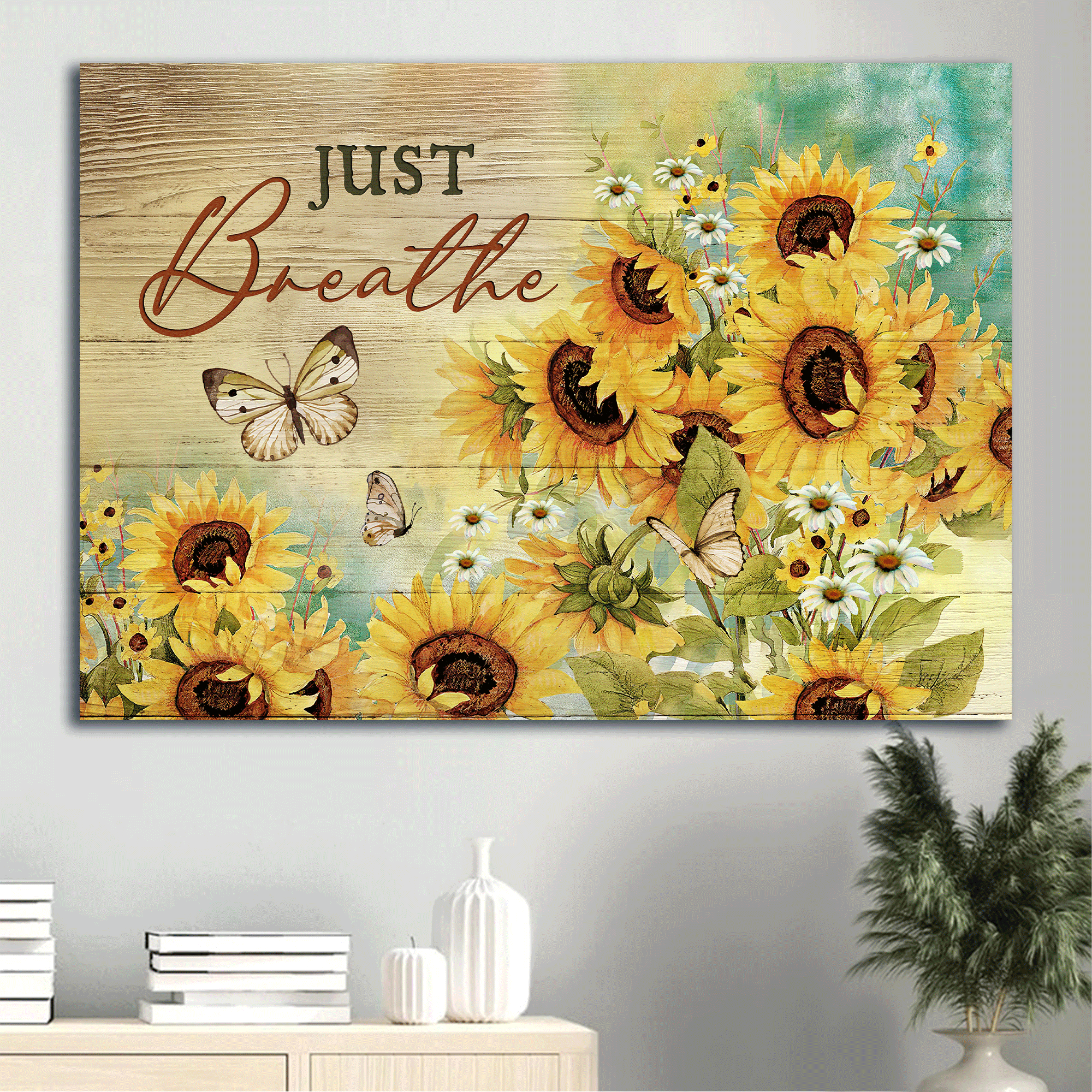 Jesus Landscape Canvas - Sunflower Garden, Daisy Flower, Butterfly Drawing Canvas - Gift For Christian - Just Breathe Canvas