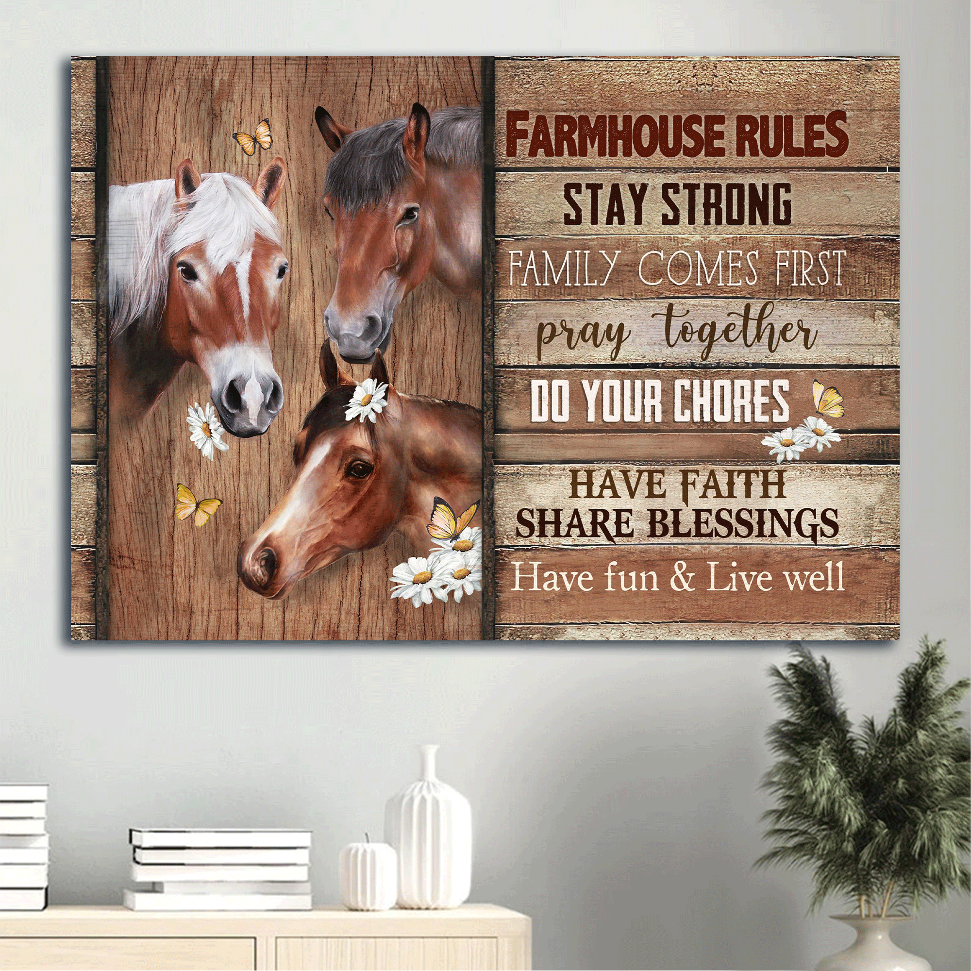 Jesus Landscape Canvas- Beautiful horse, White daisy drawing, Butterfly canvas- Gift for Christian- Stay strong family comes first