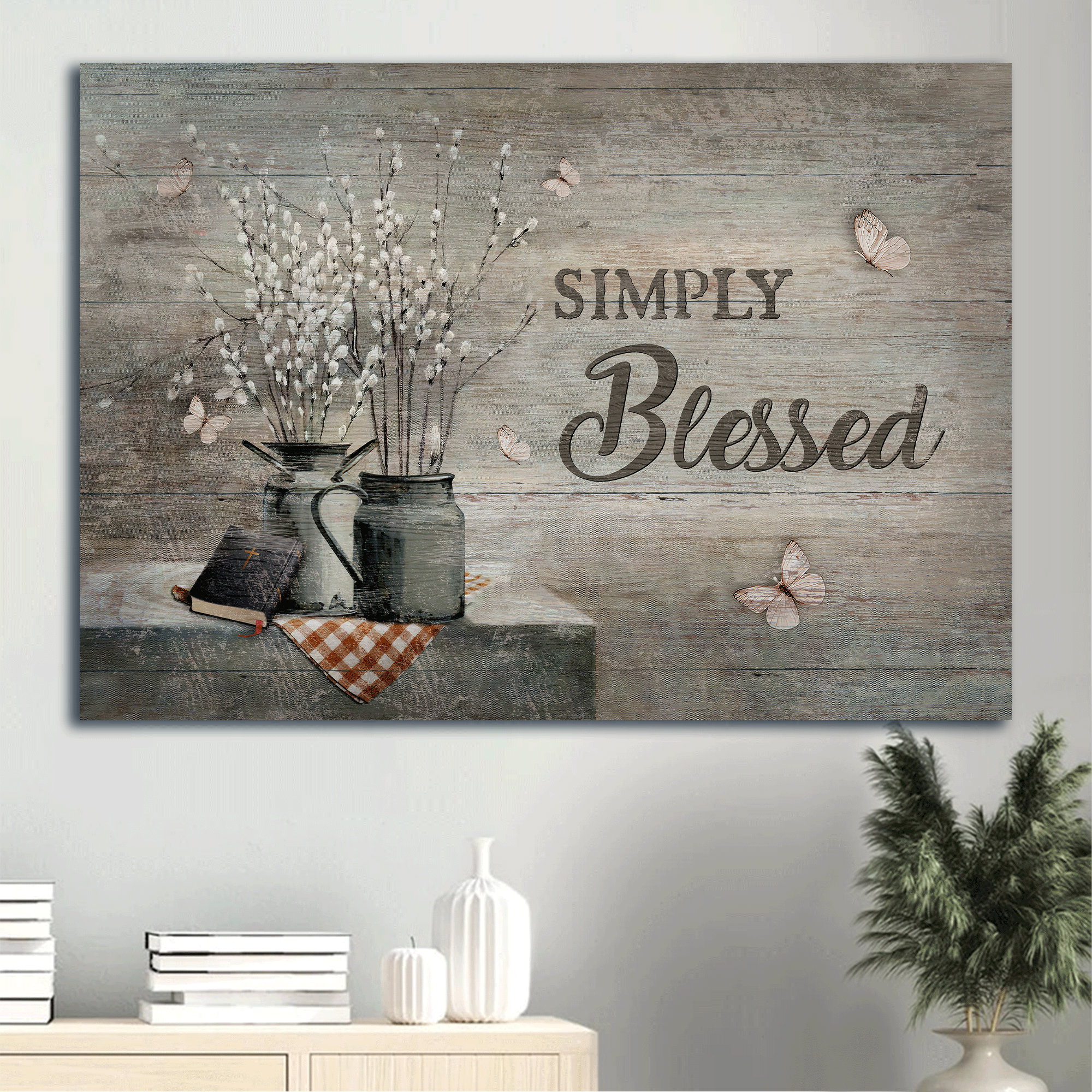 Jesus Landscape Canvas- Baby Flower Vase, Antique Bible, White Butterfly Canvas, Simply Blessed Canvas- Gift For Christian