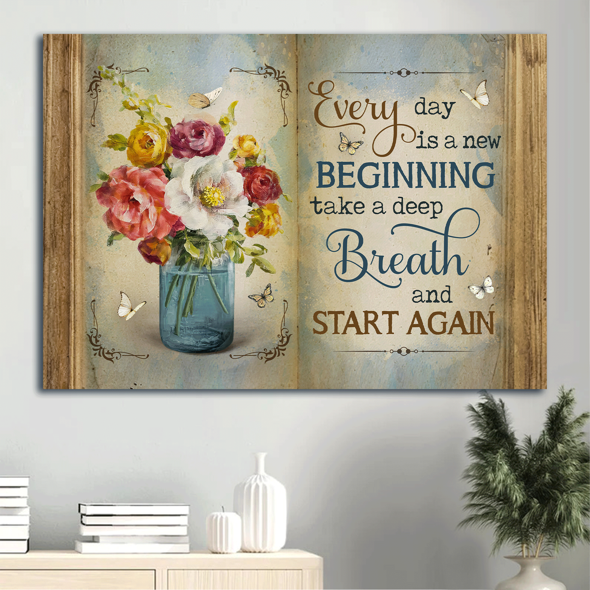 Jesus Landscape Canvas- Beautiful flower, Colorful painting, White butterfly canvas- Gift for Christian- Every day is a new beginning