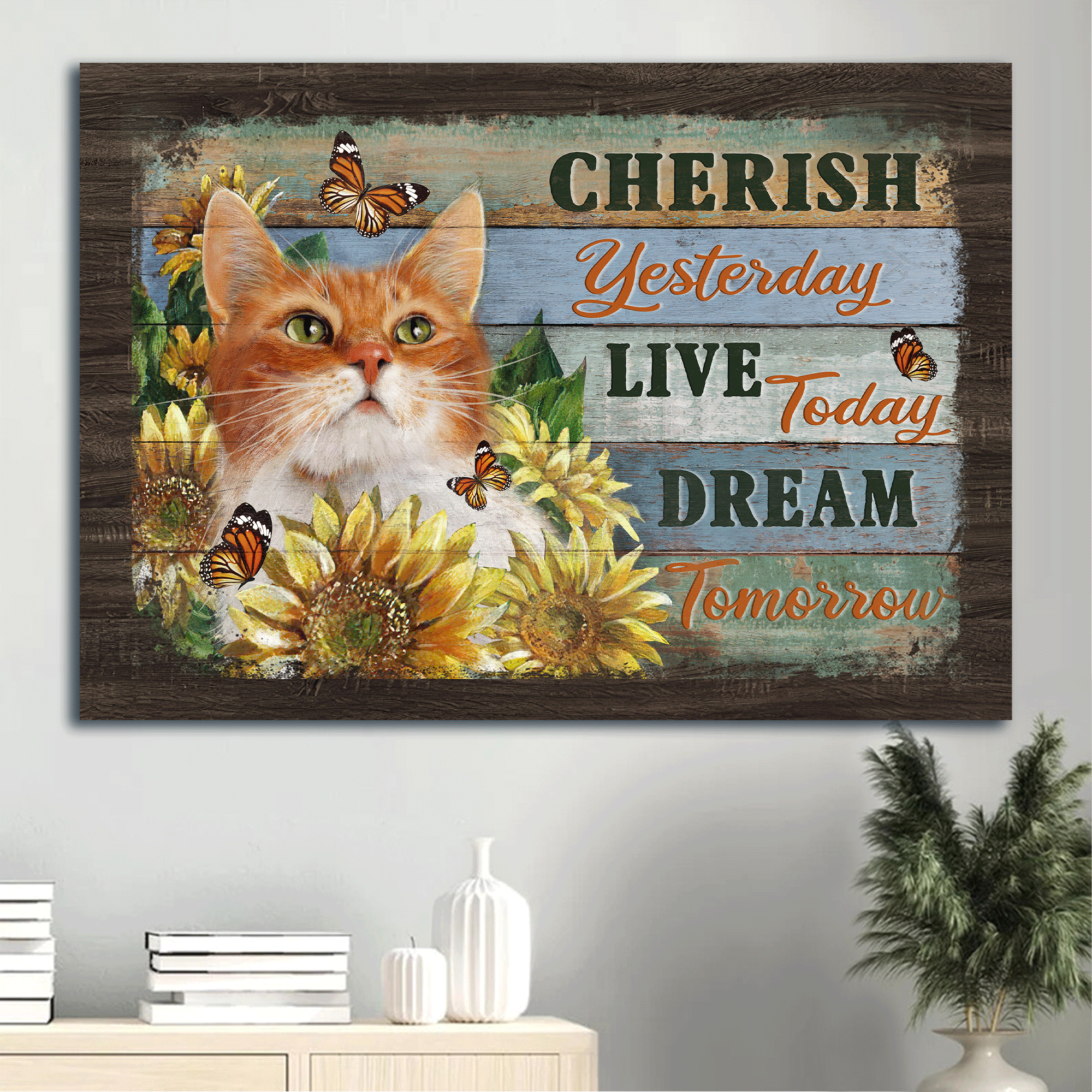 Jesus Landscape Canvas - Little cat, Sunflower garden, Orange butterfly Landscape Canvas - Gift For Christian -Cherish yesterday Landscape Canvas