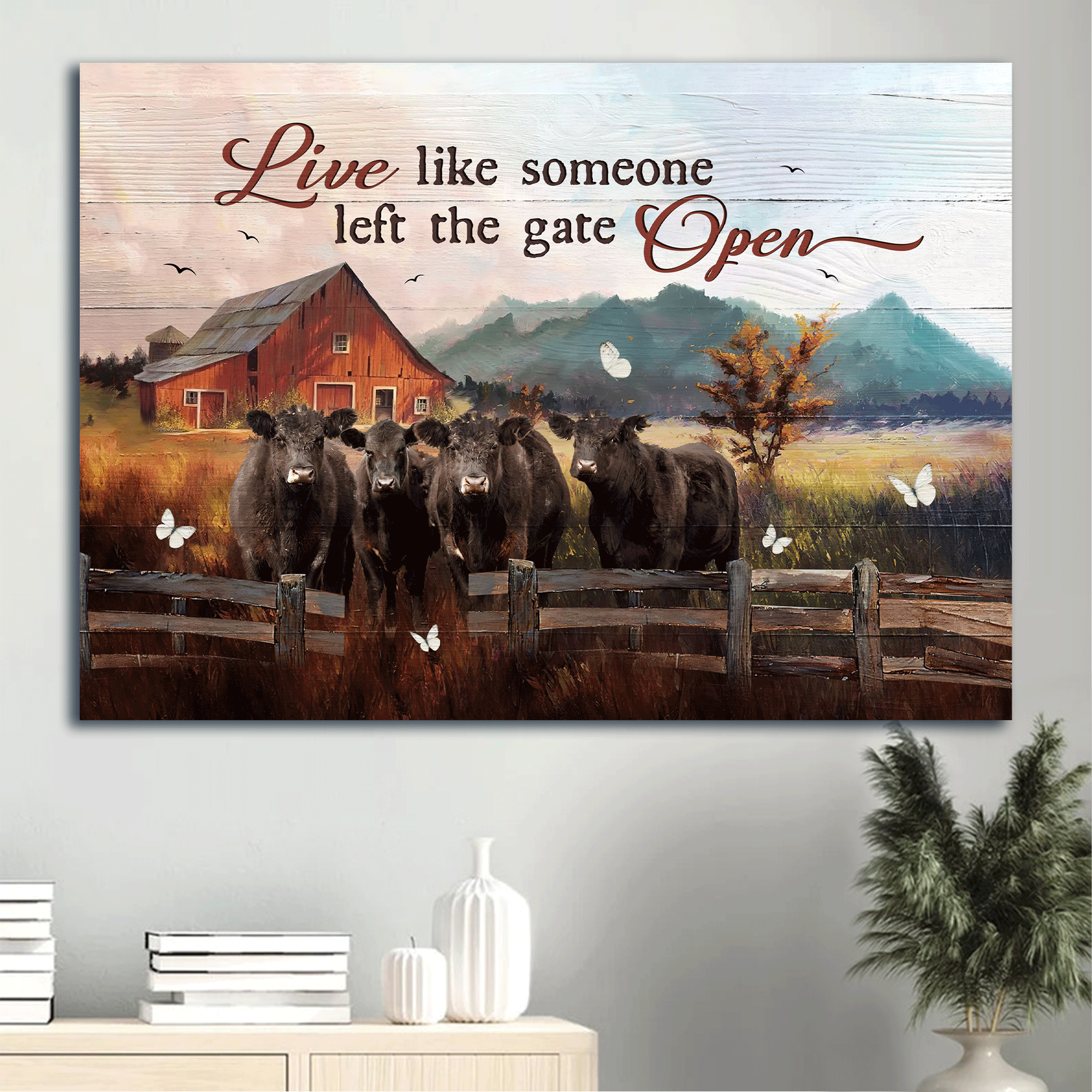 Jesus Landscape Canvas - Peaceful farm, Angus cow, White butterfly Landscape Canvas - Gift For Christian - Live like someone left the gate open Landscape Canvas