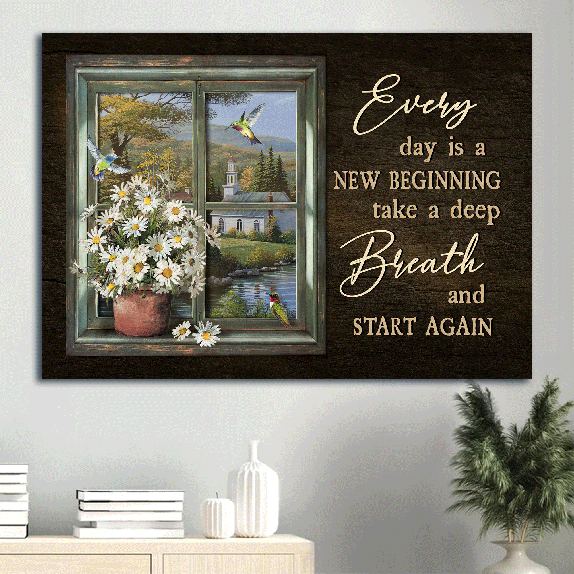 Jesus Landscape Canvas - Beautiful countryside drawing, Daisy Landscape Canvas - Gift For Christian - Every day is a new beginning