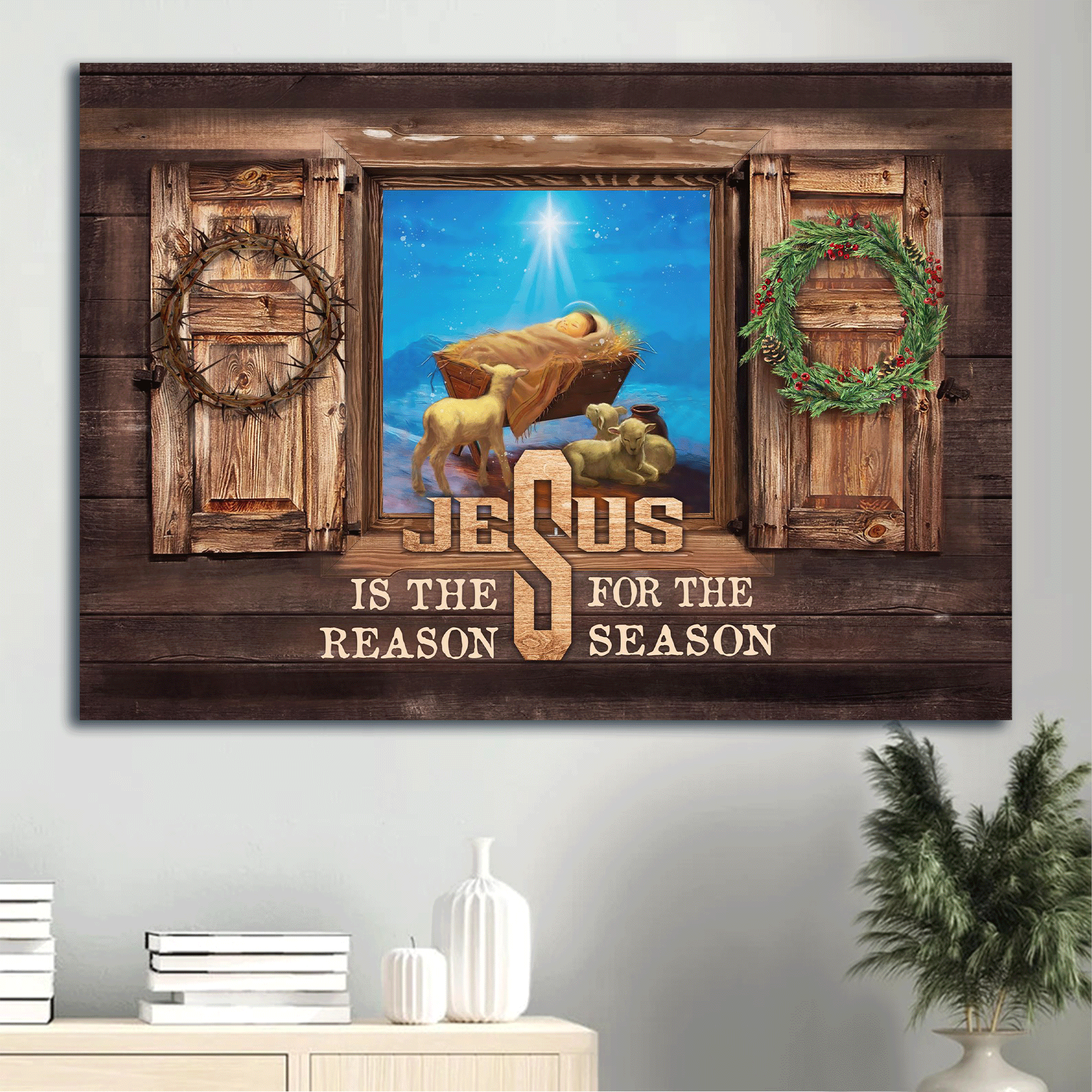 Jesus Landscape Canvas- Birth of Jesus, Brown lambs, Beautiful night- Gift for Christian- Jesus is the reason for the season - Landscape Canvas Prints, Wall Art