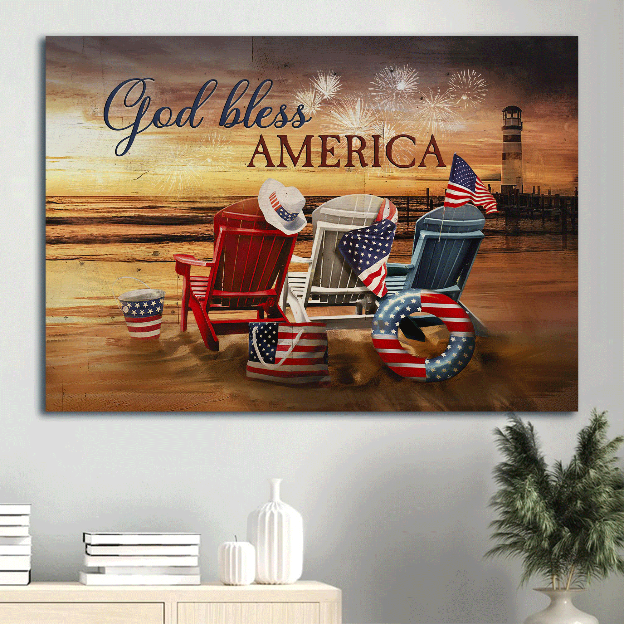 Jesus Landscape Canvas- Beach Chairs, American Flag, Firework, Sunset Beach Painting Canvas- Gift For Christian- God Bless America