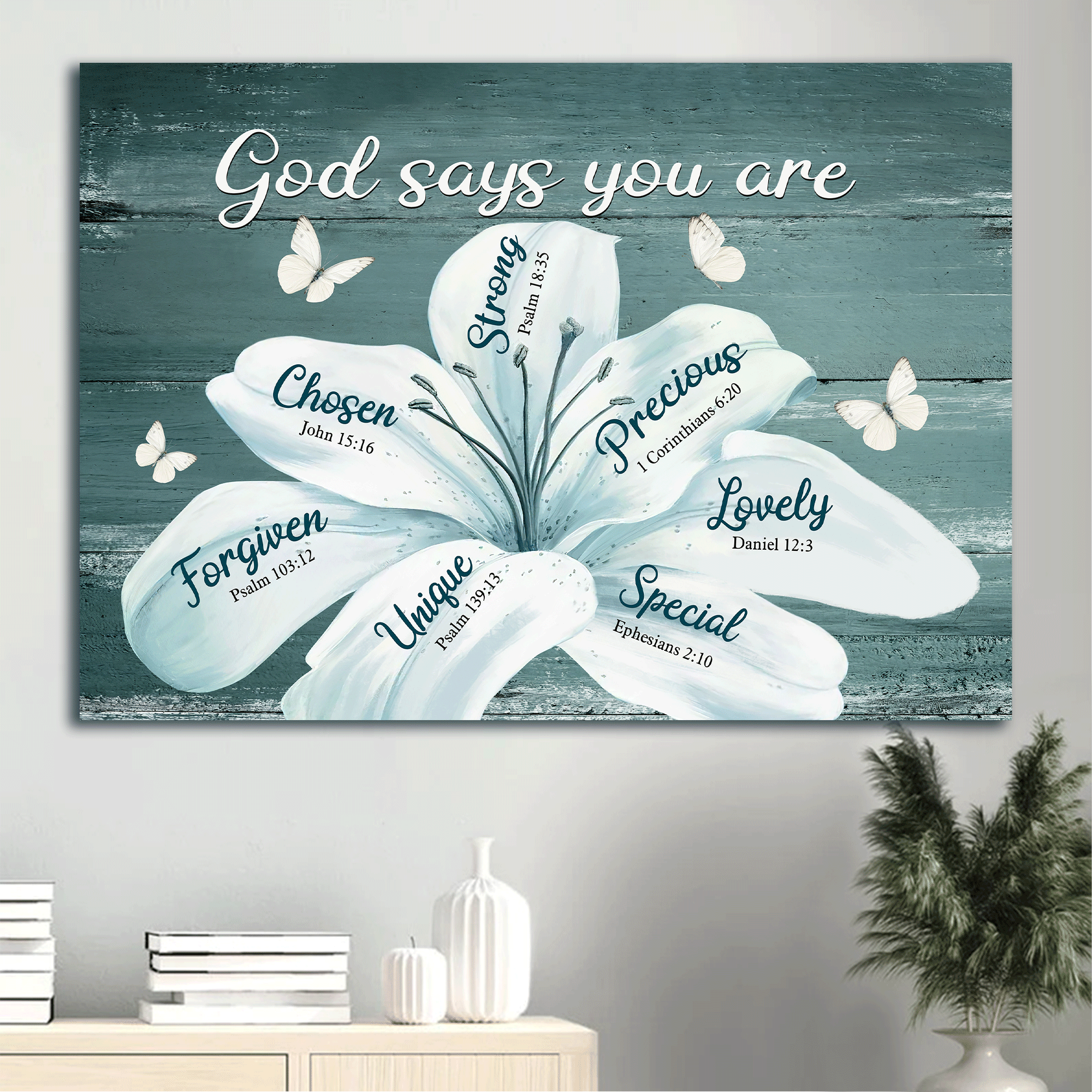 Jesus Landscape Canvas - White lily flowers, White Butterfly, Flower painting canvas - Gift For Christian - God says you are canvas