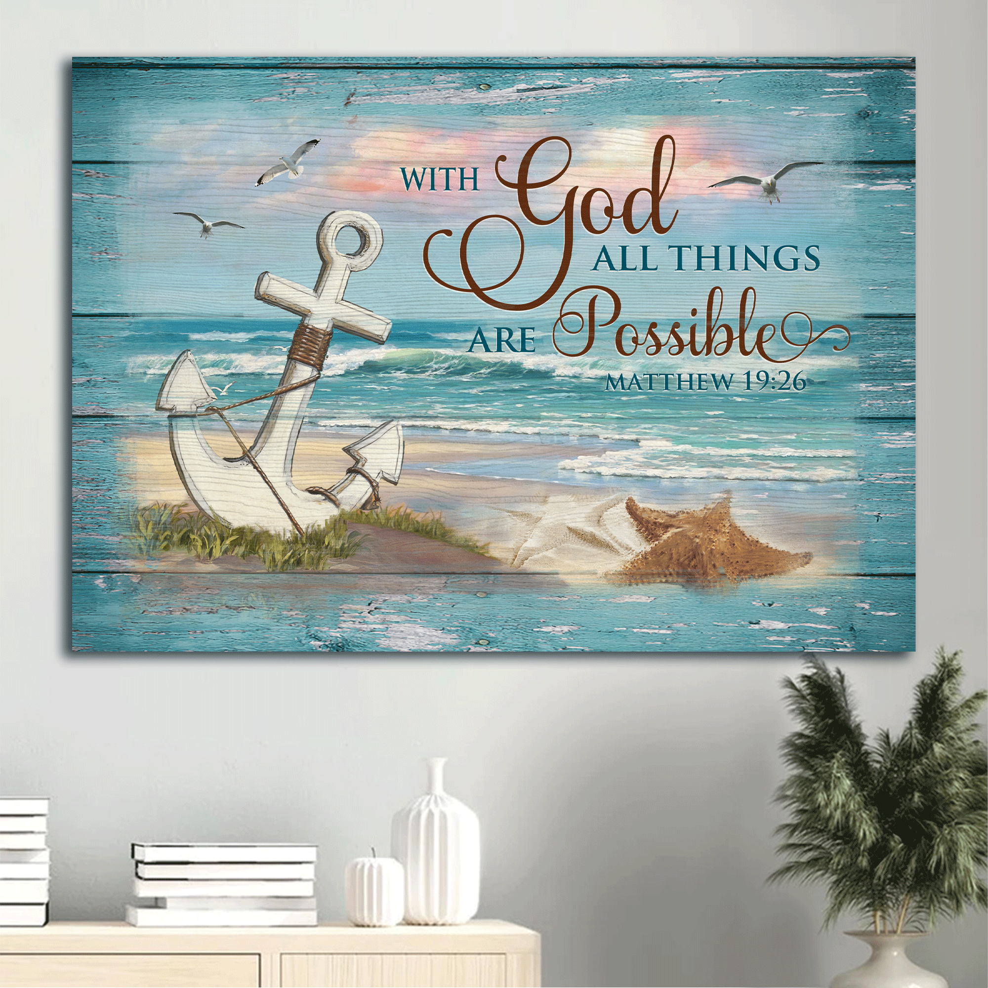 Jesus Landscape Canvas- Blue beach painting, White anchor, Sunset canvas- Gift for Christian- With God all things are possible - Landscape Canvas Prints, Christian Wall Art