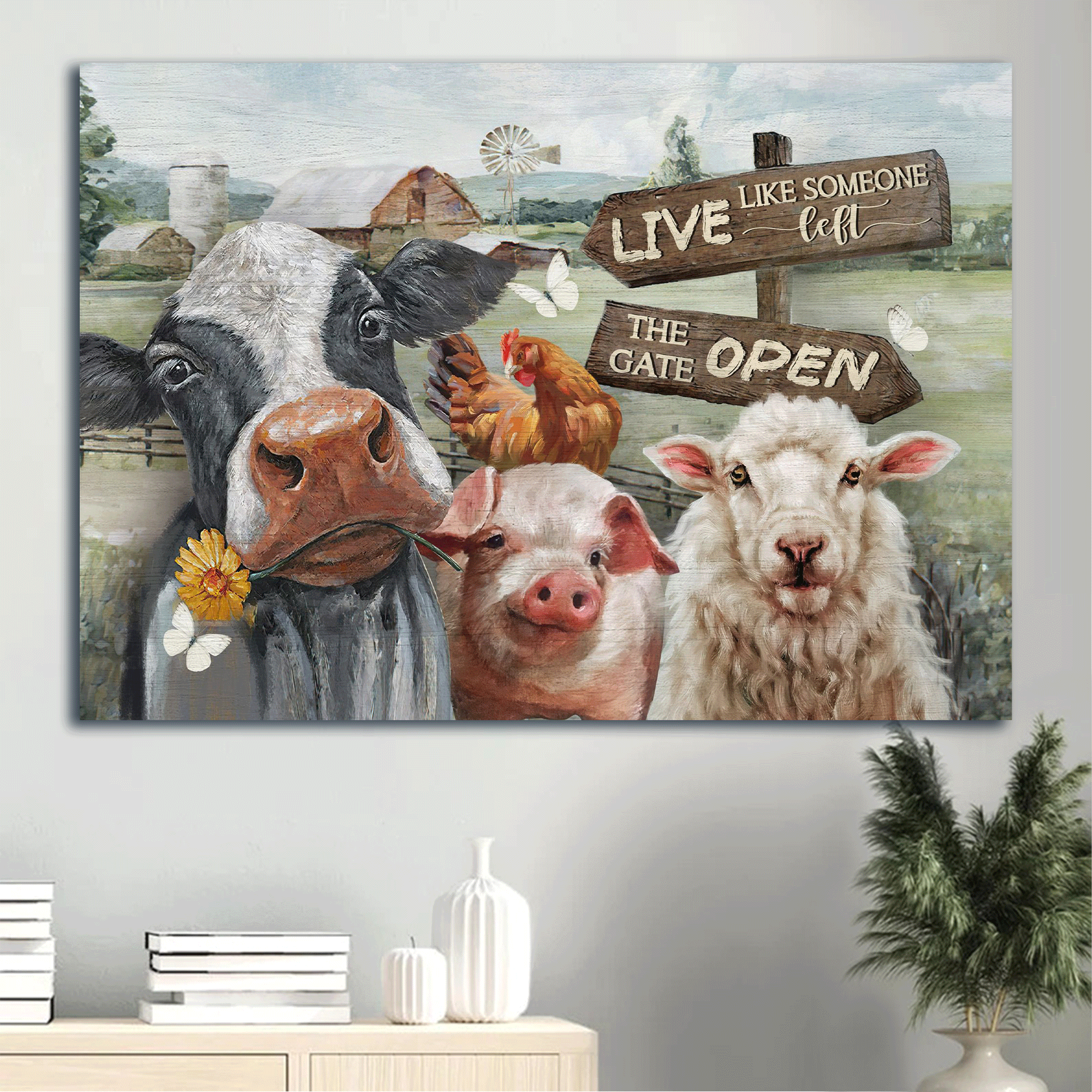 Jesus Landscape Canvas - Beautiful dairy cow, White lamb, Farm drawing Landscape Canvas - Gift For Christian -  Live like someone left the gate open