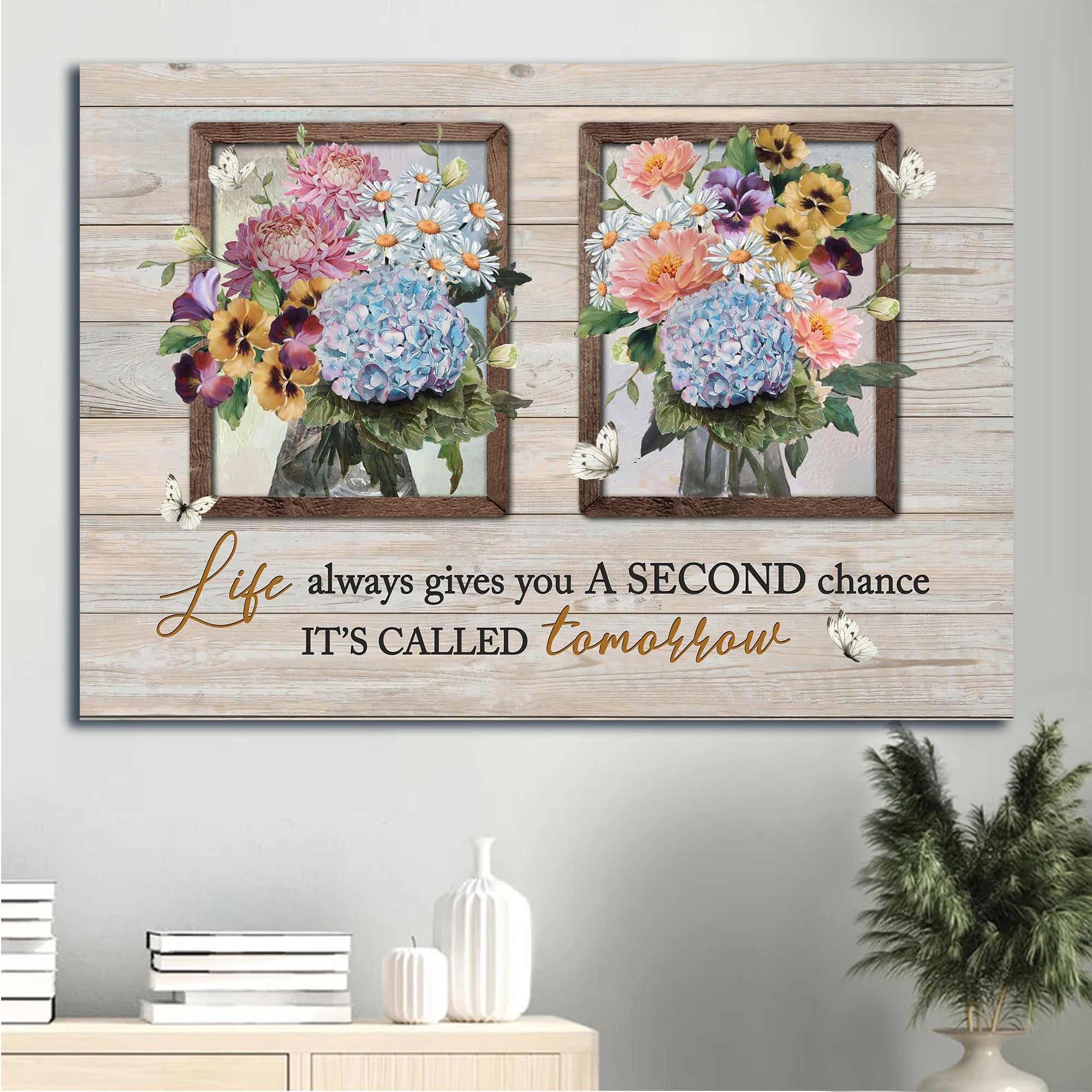 Jesus Landscape Canvas - Blue hydrangea, Pansy flower, Pink camellia Landscape Canvas - Gift For Christian - It's called tomorrow Landscape Canvas