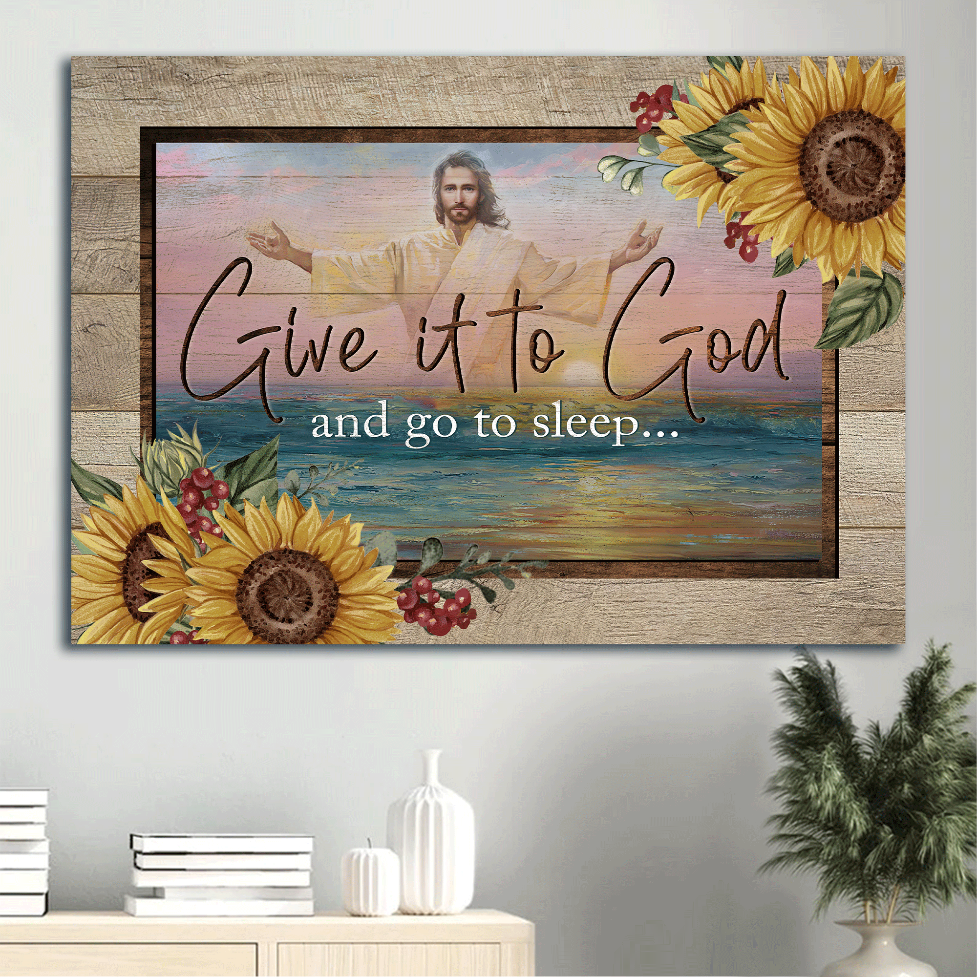 Jesus Landscape Canvas- Blue ocean, Jesus painting, Watercolor sunflower canvas - Gift for Christian- Give it to God and go to sleep - Landscape Canvas Prints, Christian Wall Art