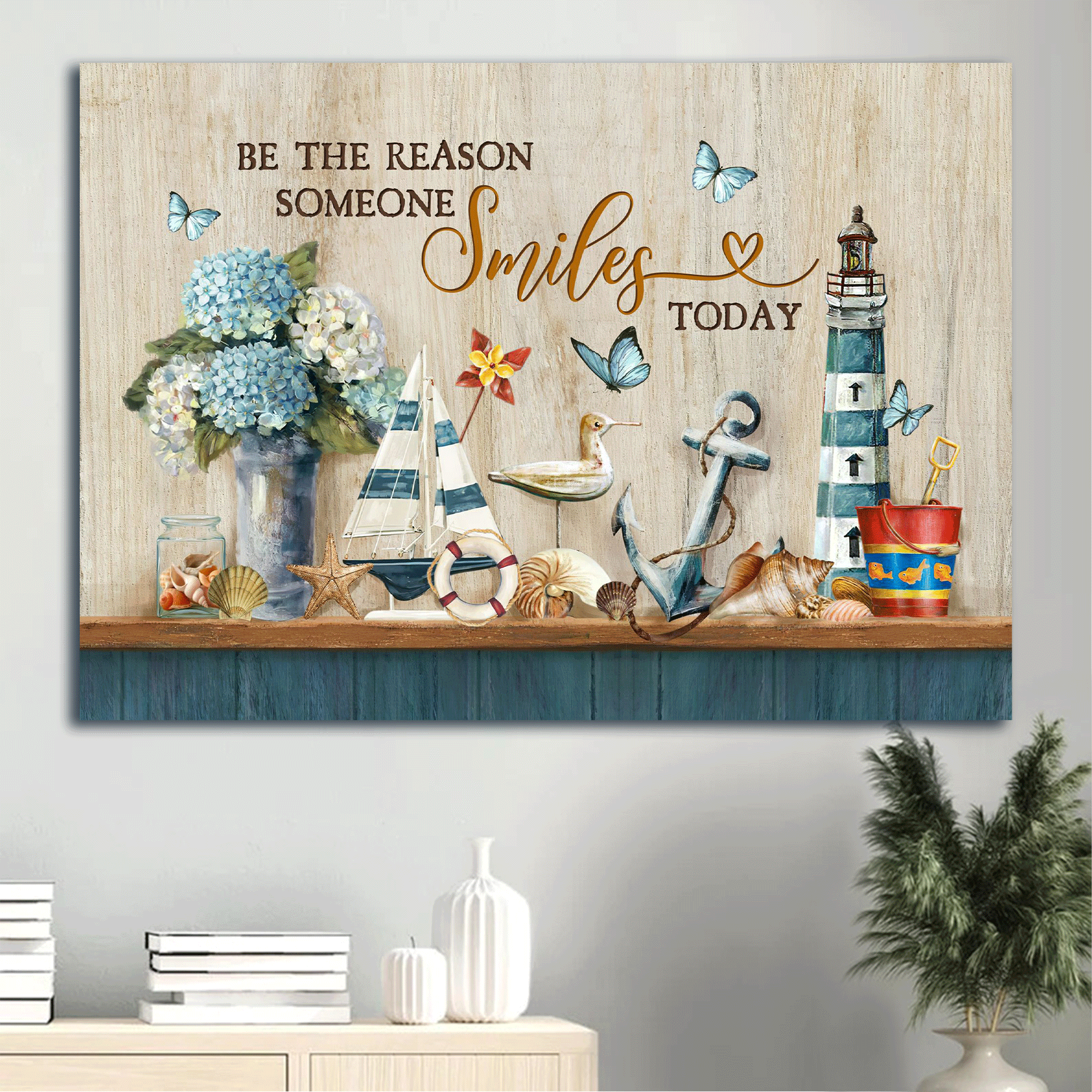 Jesus Landscape Canvas - Ocean things, Types of seashell, Blue hydrangea Landscape Canvas - Gift For Christian - Be the reason someone smiles Landscape Canvas