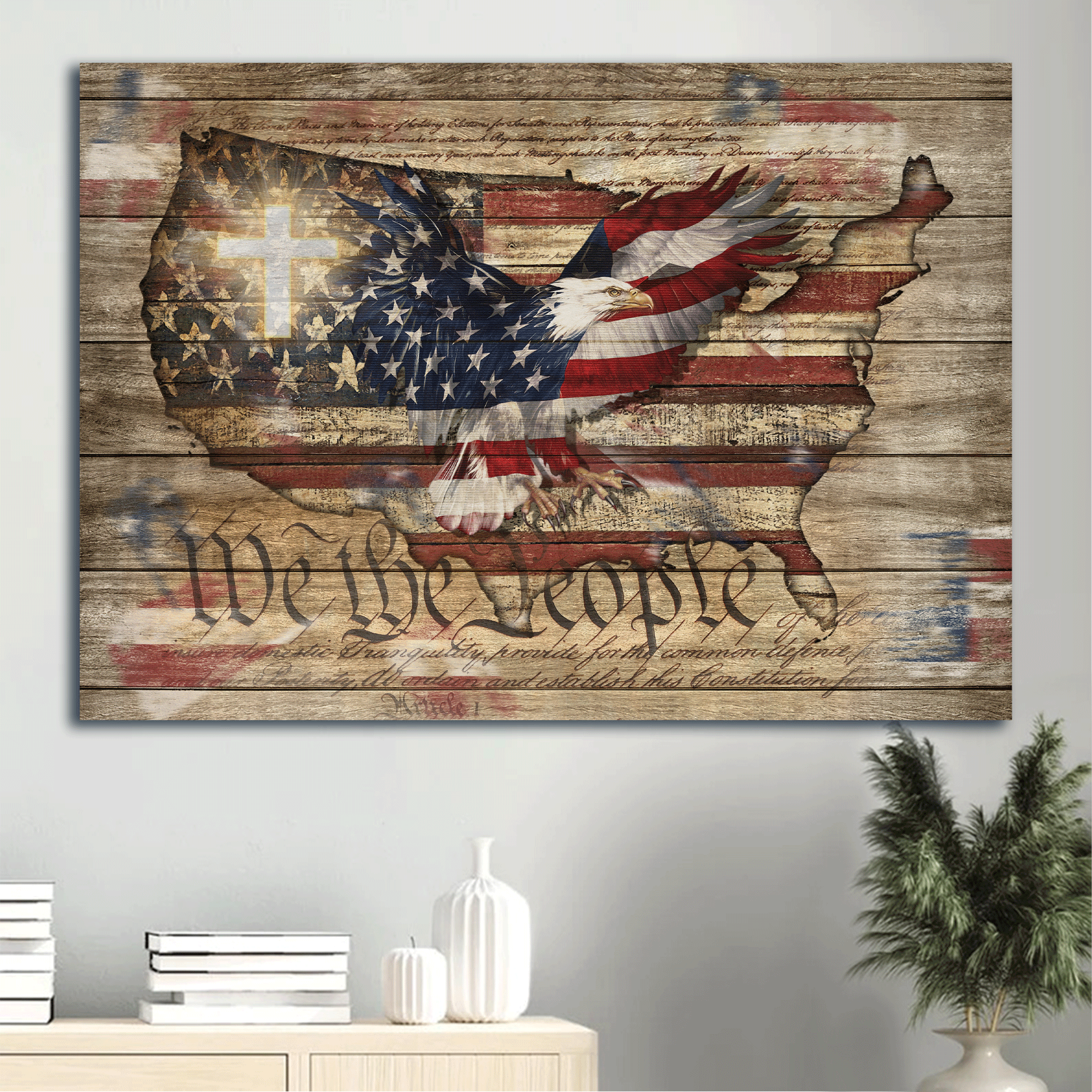 Jesus Landscape Canvas- Beautiful Eagle Painting, White Cross, Amazing US Flag Canvas- Gift For Christian- We The People