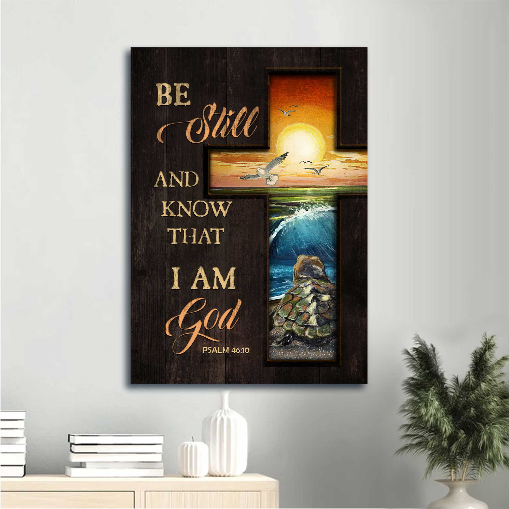 Jesus Portrait Canvas - Beautiful cross, Orange sunset, Turtle, Seagull Portrait Canvas - Gift For Christian - Be still and know that I am God