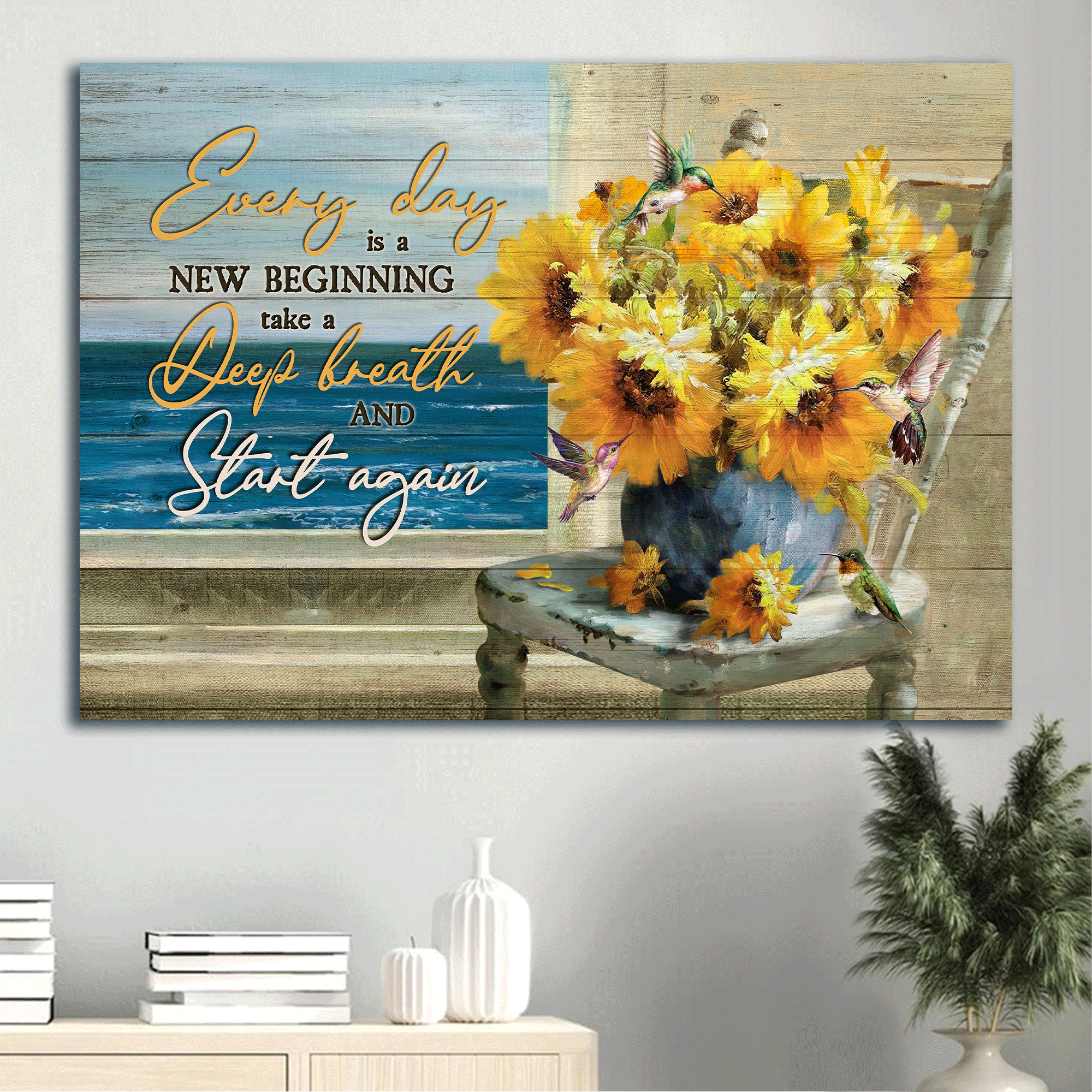 Jesus Landscape Canvas- Blue ocean drawing, Watercolor sunflower canvas- Gift for Christian- Every day is a new beginning - Landscape Canvas Prints, Wall Art