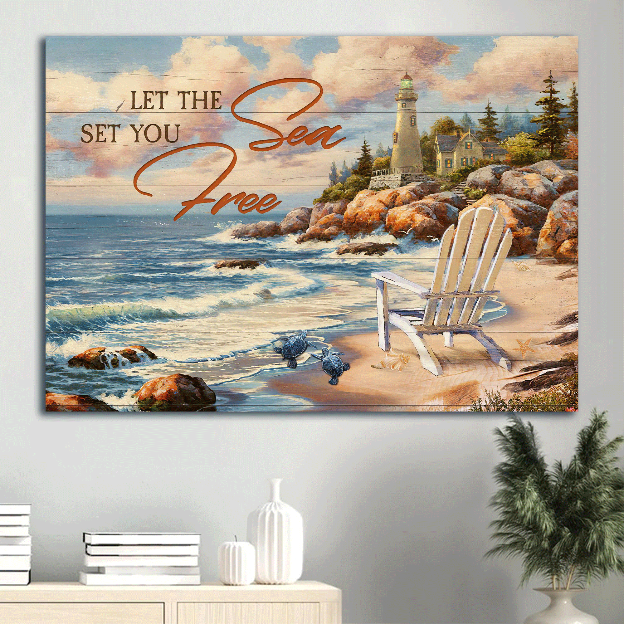 Jesus Landscape Canvas - Peace drawing, Ocean view, Pretty lighthouse Landscape Canvas - Gift For Christian - Let the sea set you free Landscape Canvas