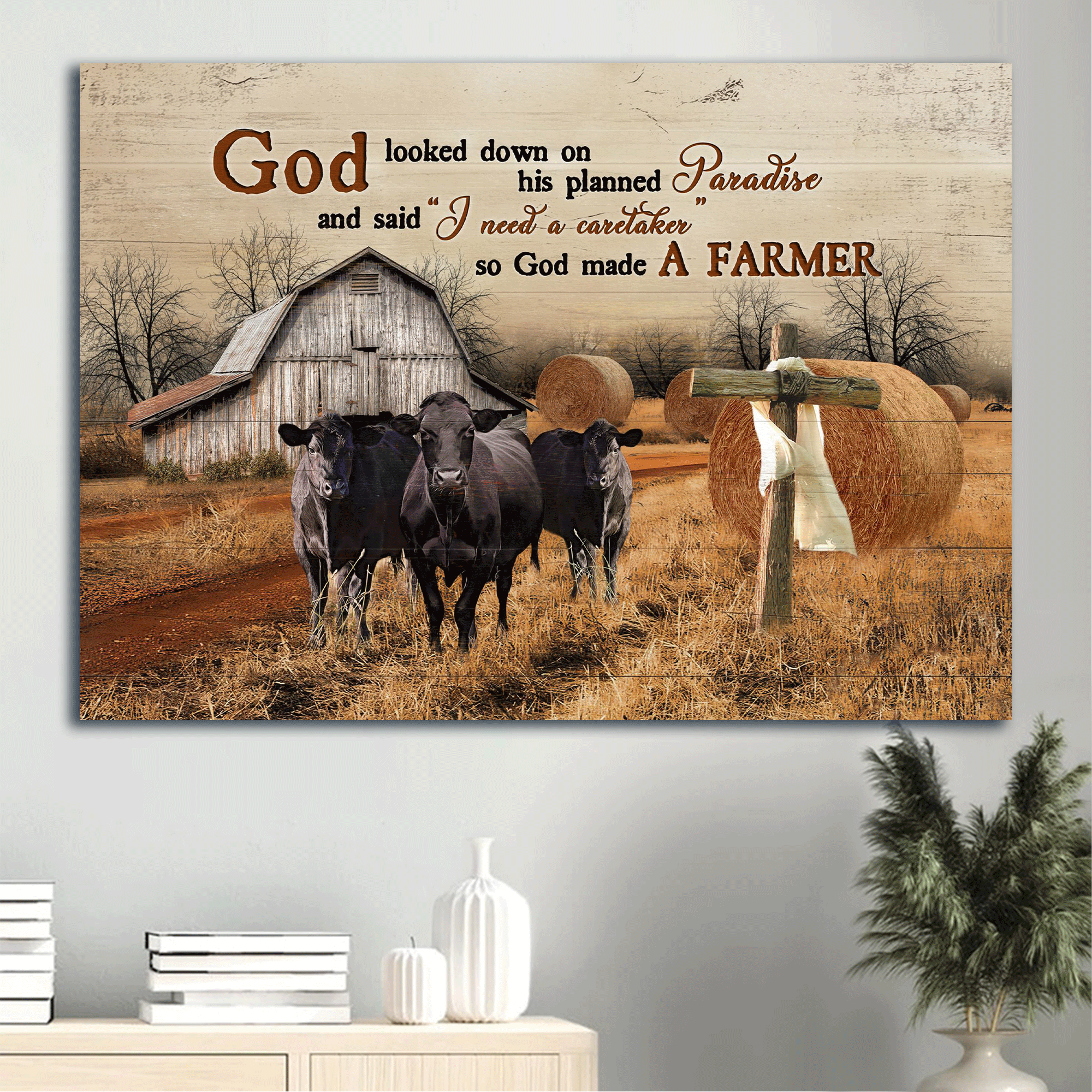 Jesus Landscape Canvas- Black cow, Rice field, Old barn canvas- Gift for Christian- God looked down on his planned paradise - Landscape Canvas Prints, Christian Wall Art