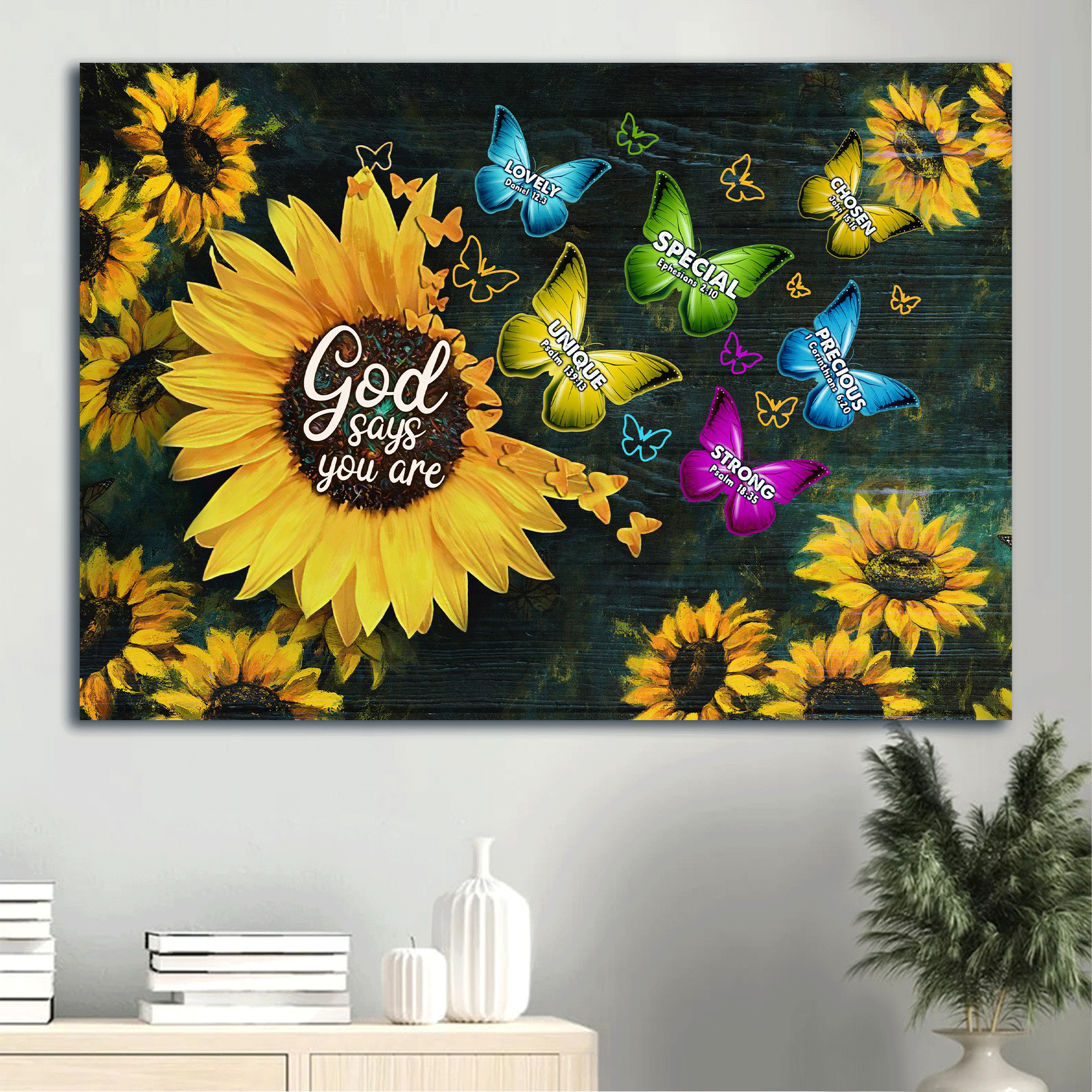 Jesus Landscape Canvas - Sunflower Painting, Colorful Butterfly, Dark Blue Background Canvas - Gift For Christian - God Says You Are Canvas