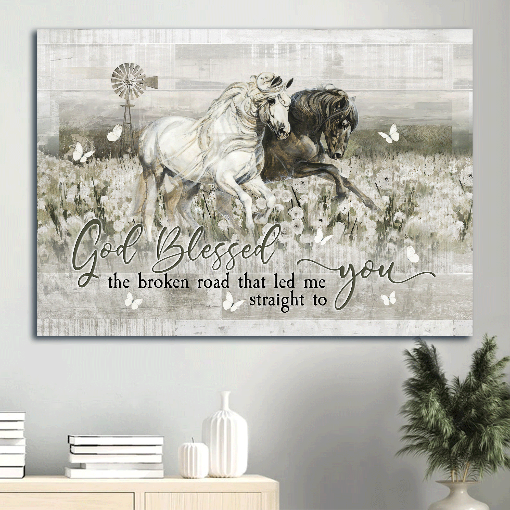 Jesus Landscape Canvas- Black and White Horse, Dandelion Field, Butterfly - Gift for Christian- God blessed the road that led me to you- Landscape Canvas Prints, Wall Art