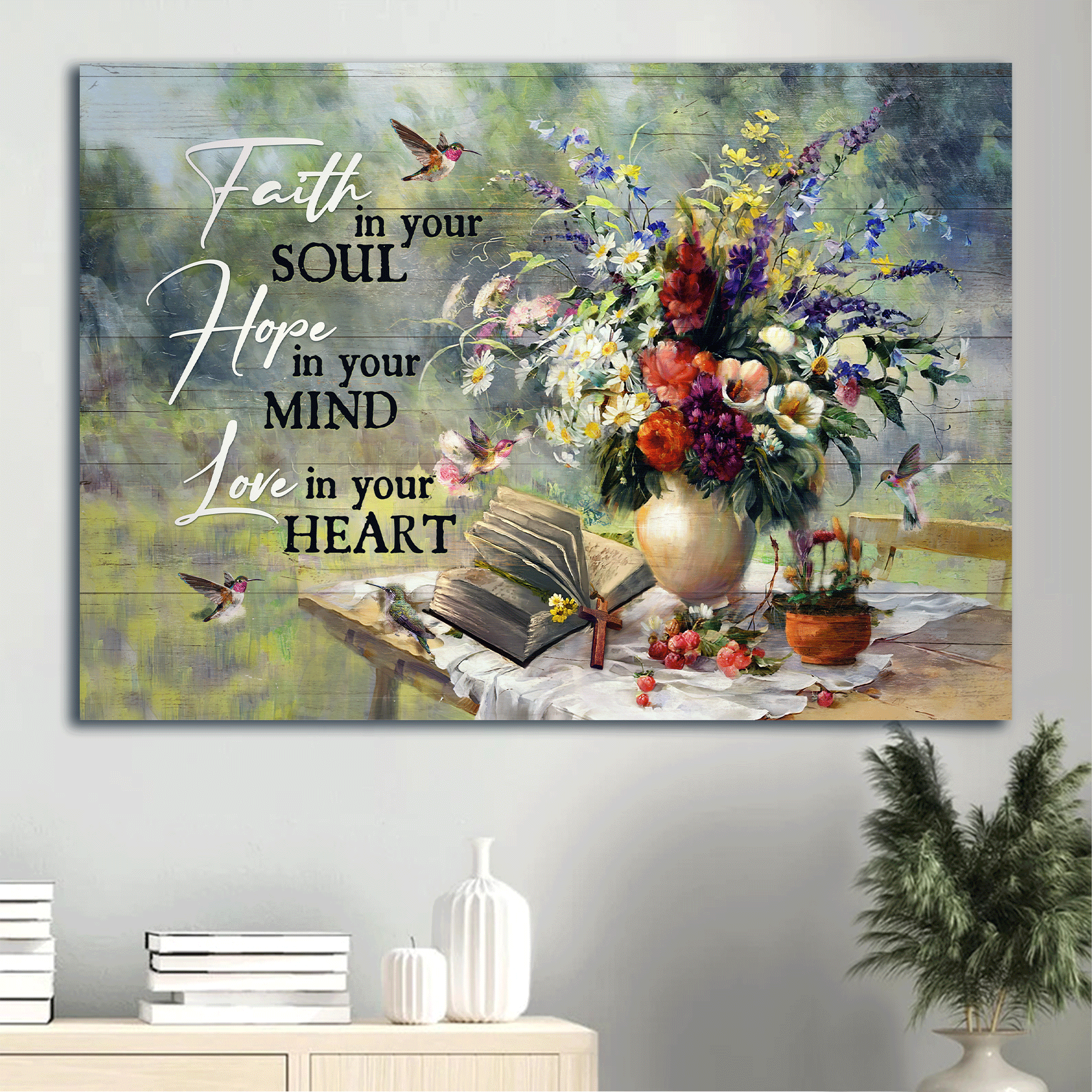 Jesus Landscape Canvas- Beautiful Flower Vase, Vintage Bible, Hummingbird Canvas - Gift For Christian- Faith In Your Soul