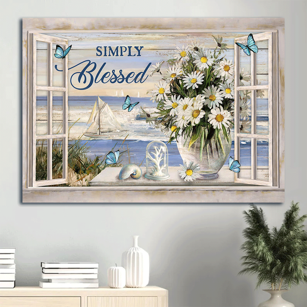 Jesus Landscape Canvas - Beautiful beach, Daisy vase, Summer painting Landscape Canvas - Gift For Christian - Simply blessed