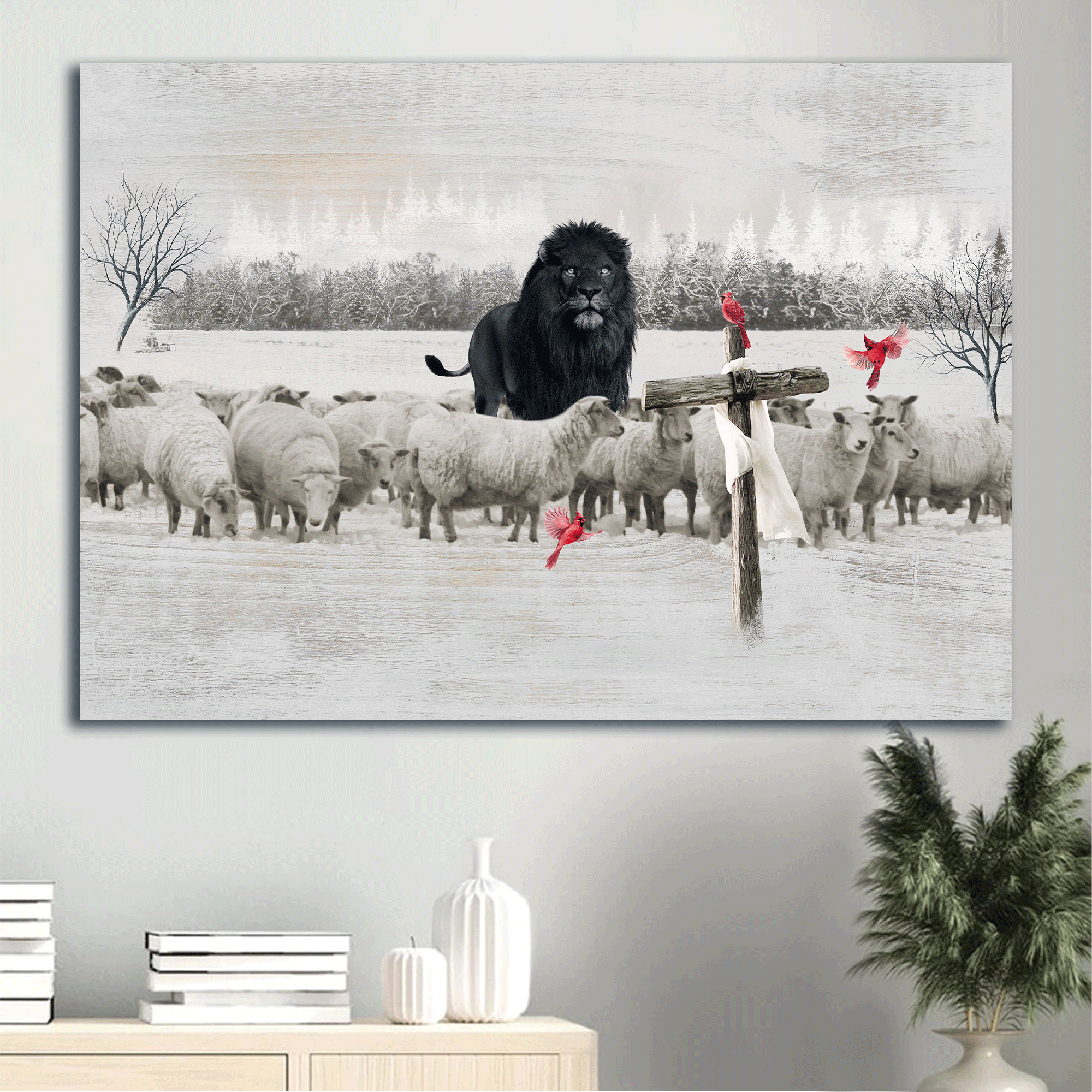 Jesus Landscape Canvas- Black lion, Lamb farm, Red cardinal, Cross symbol, Stunning painting canvas- Gift for Christian - Landscape Canvas Prints, Home Decor Wall Art