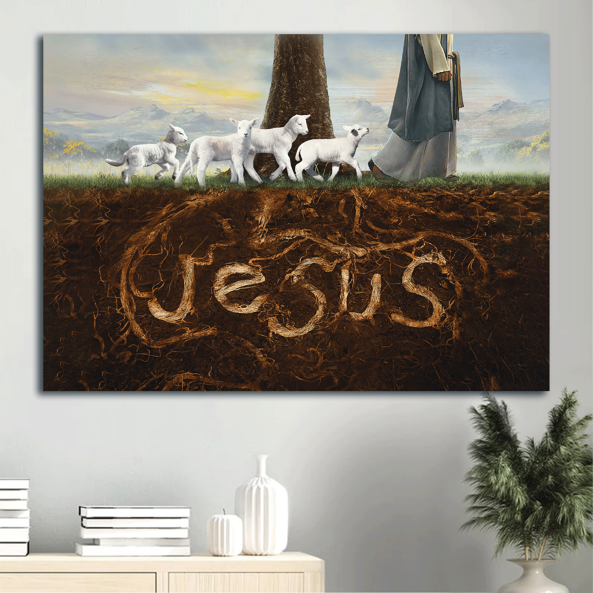 Jesus Landscape Canvas - White Lamb, Walking With Jesus, Amazing Forest Canvas - Gift For Christian - Jesus