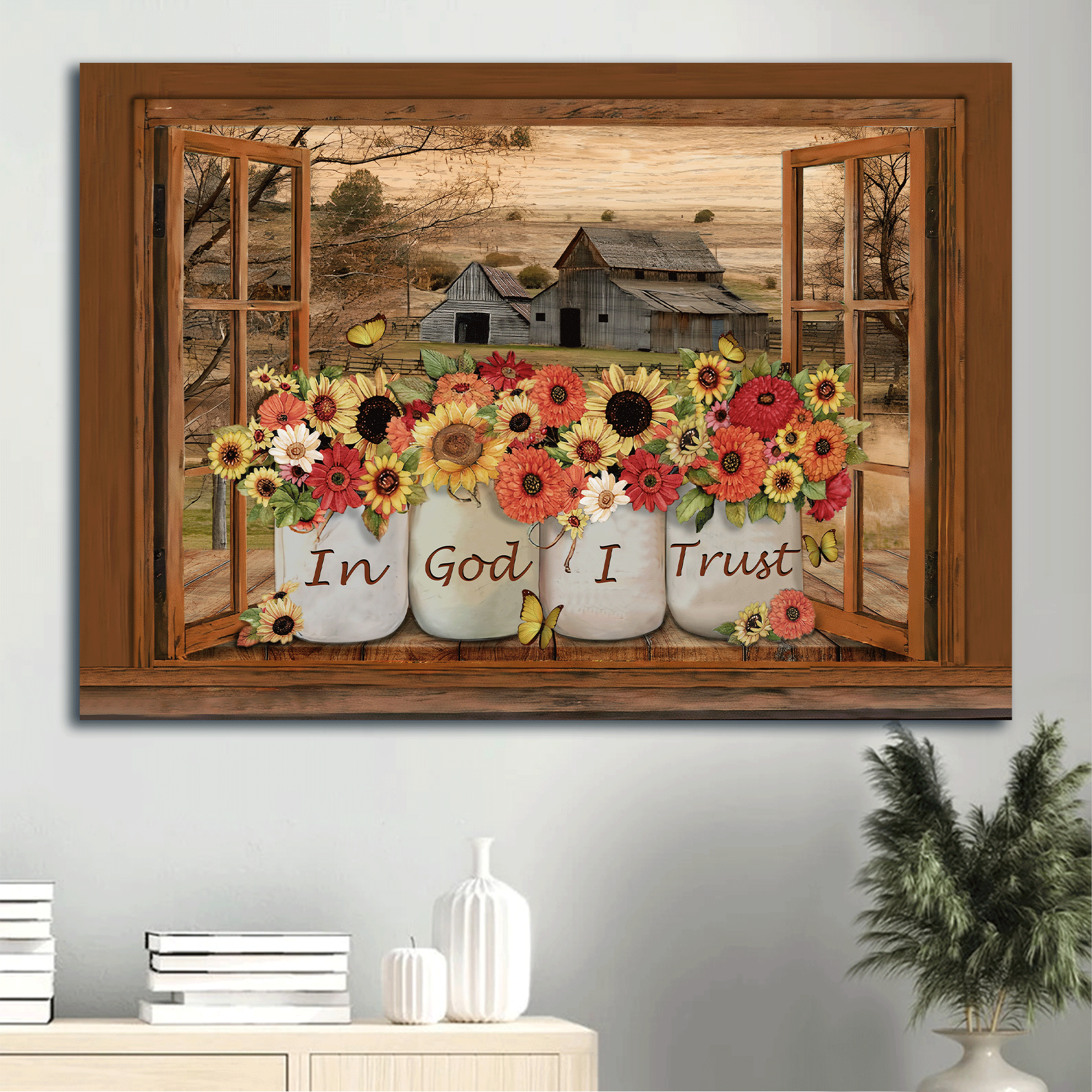 Jesus Landscape Canvas- Barn On Farm, Types Of Flowers, Yellow Butterfly Canvas- Gift For Christian- In God I Trust