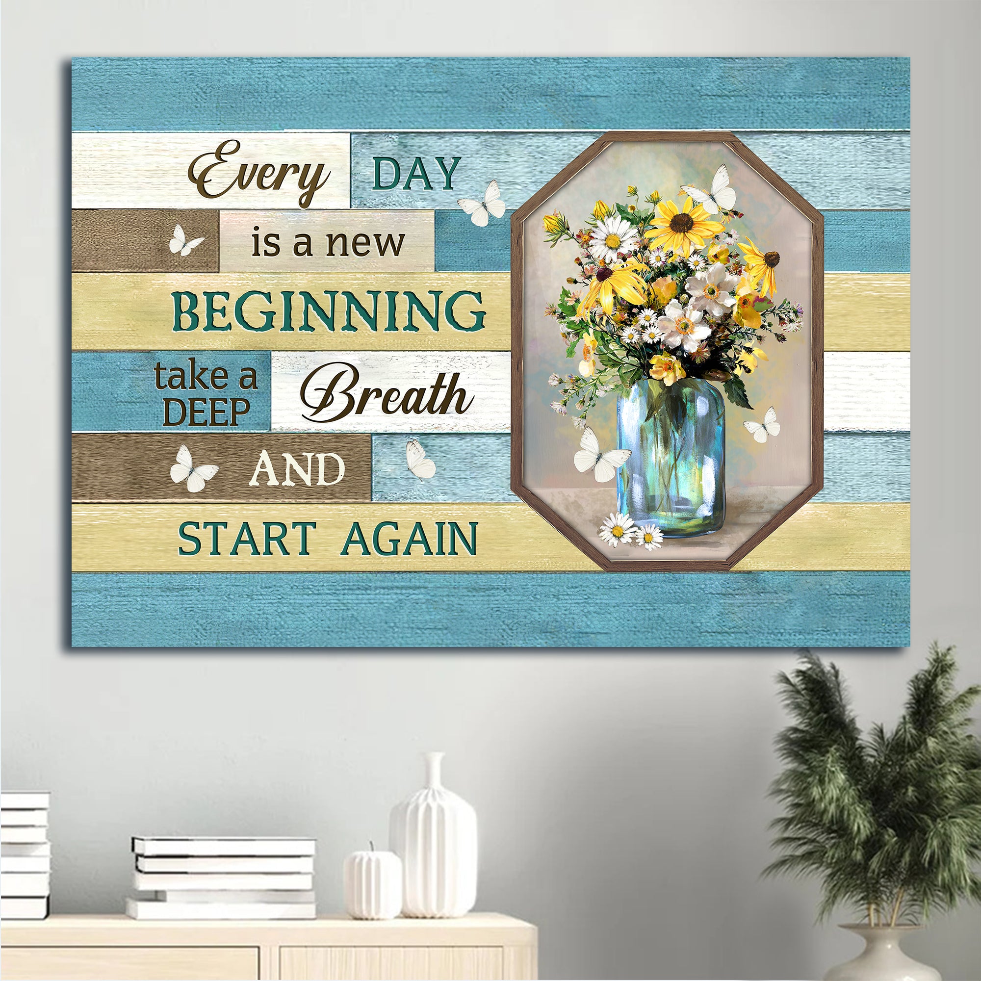 Jesus Landscape Canvas - Beautiful Flowers, White butterfly- Gift for Christian - Every day is a new beginning- Landscape Canvas Prints, Wall Art