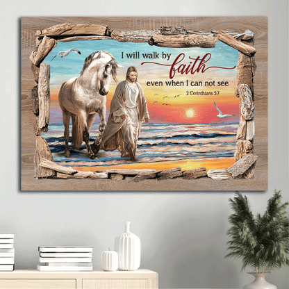 Jesus Landscape Canvas - Walking With Jesus, White Horse, Beautiful Beach Canvas - Gift For Christian - I Will Walk By Faith Canvas
