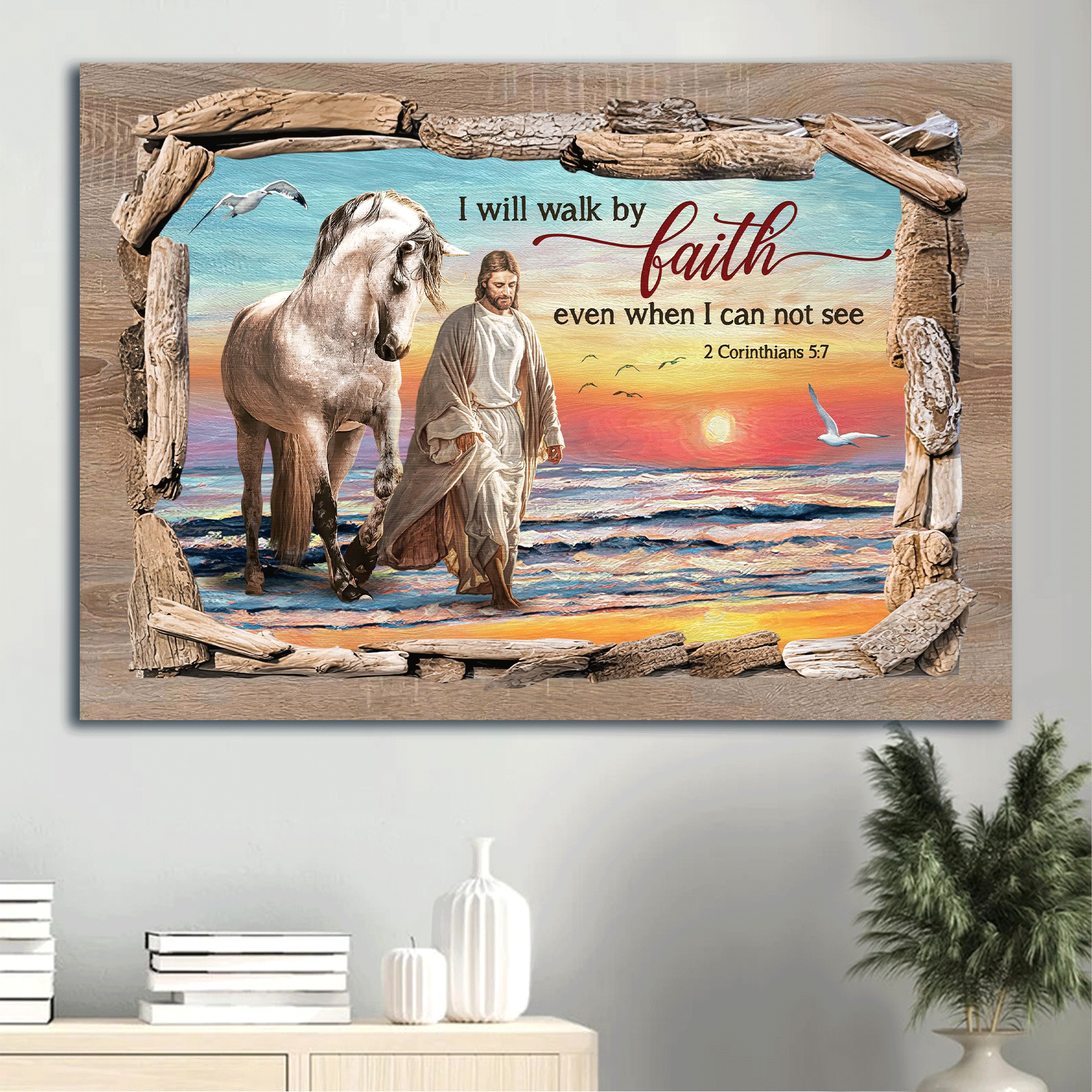 Jesus Landscape Canvas - Walking With Jesus, White Horse, Beautiful Beach Canvas - Gift For Christian - I Will Walk By Faith Canvas