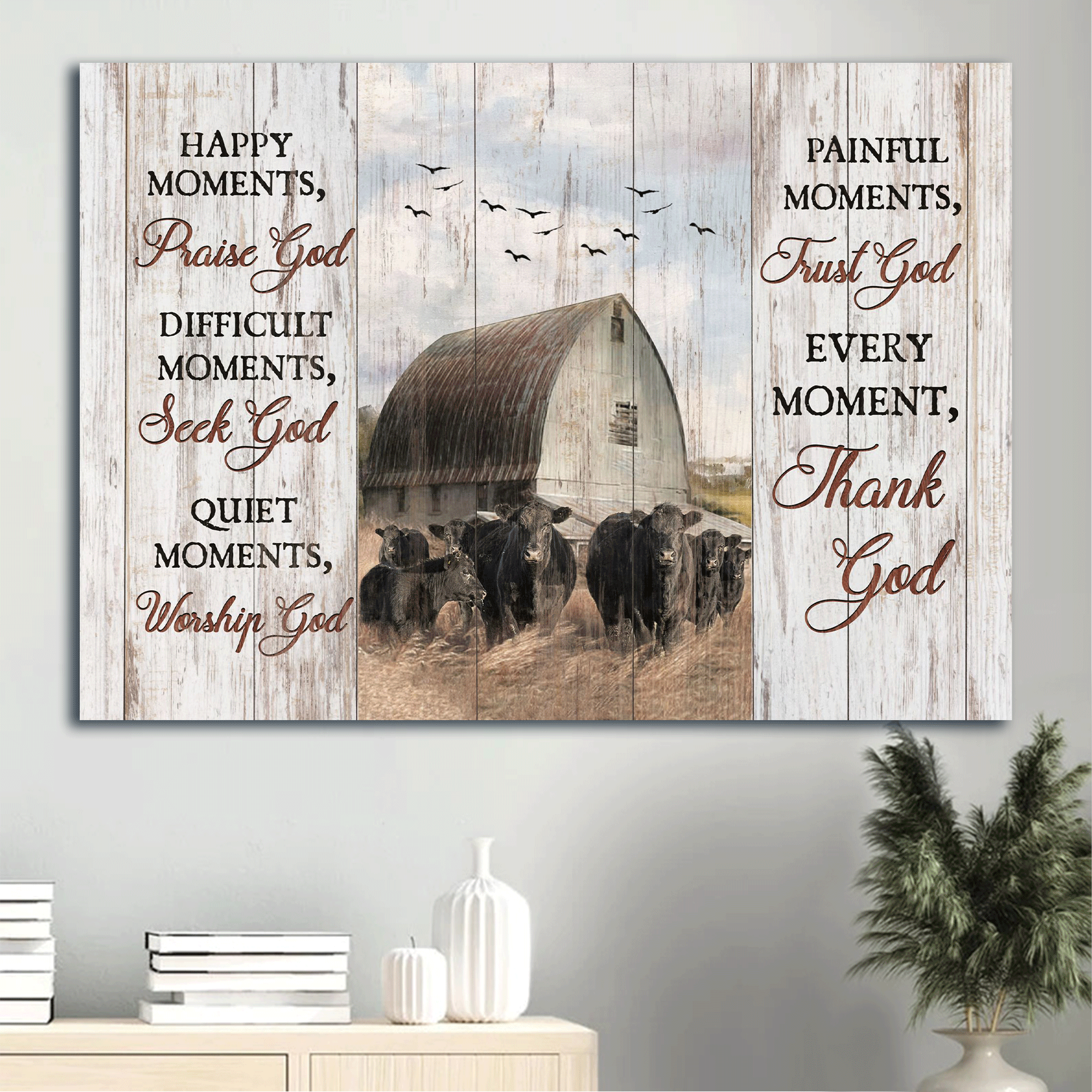 Jesus Landscape Canvas- Aberdeen Angus Canvas, Tranquil Farm- Gift For Religious Christian- Every Moment Thank God