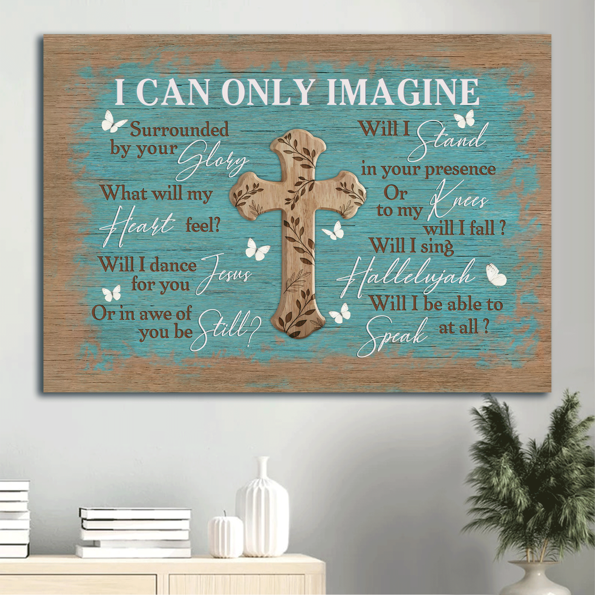 Jesus Landscape Canvas - Vintage Cross, Blue Background, Butterfly Canvas - Gift For Christian - I Can Only Imagine Canvas