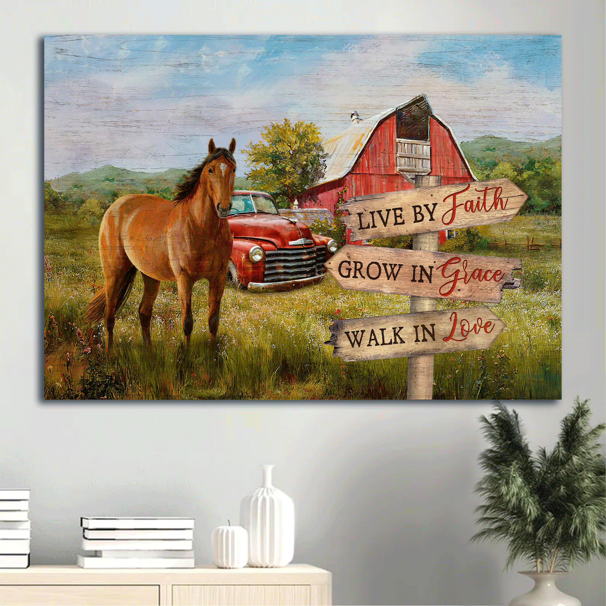 Jesus Landscape Canvas- Beautiful horse drawing, Red house canvas- Gift for Christian- Live by faith grow in grace walk in love