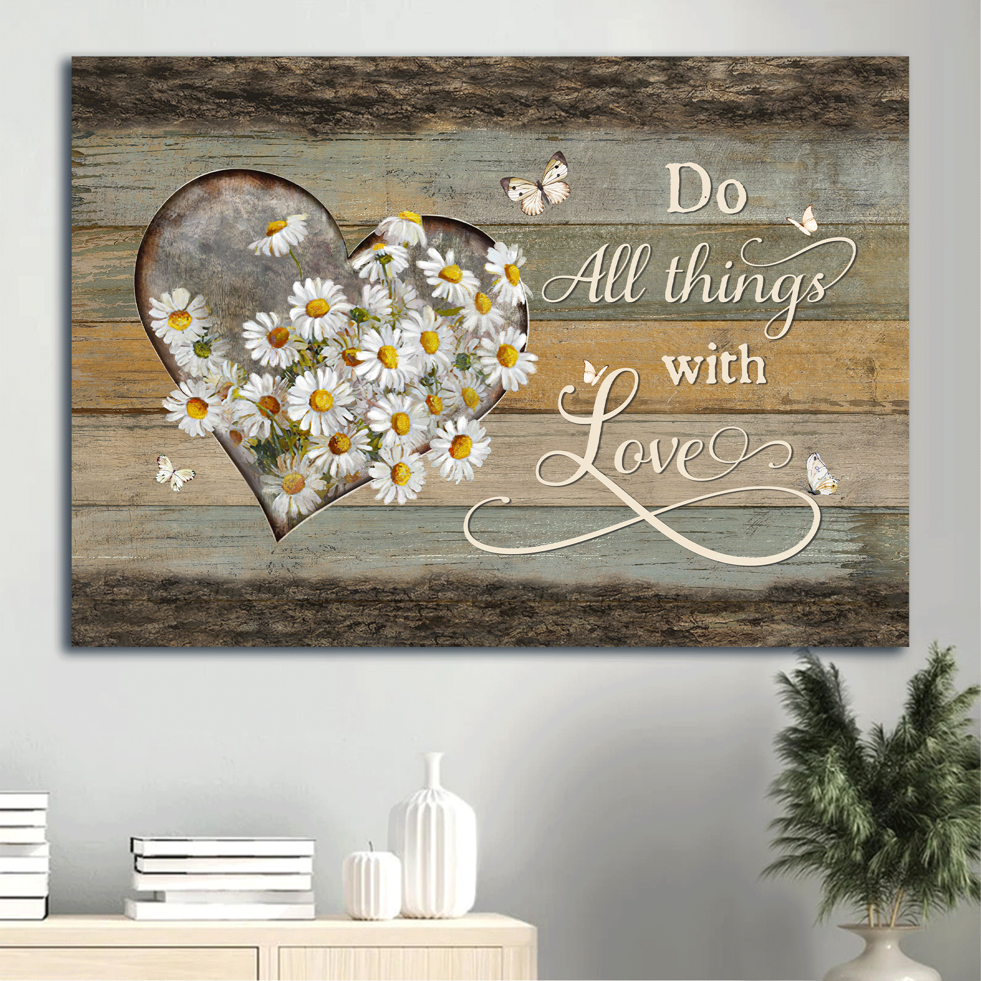 Jesus Landscape Canvas- Daisy flower, Heart frame, Beautiful butterfly canvas- Gift for Christian- Do all things with love