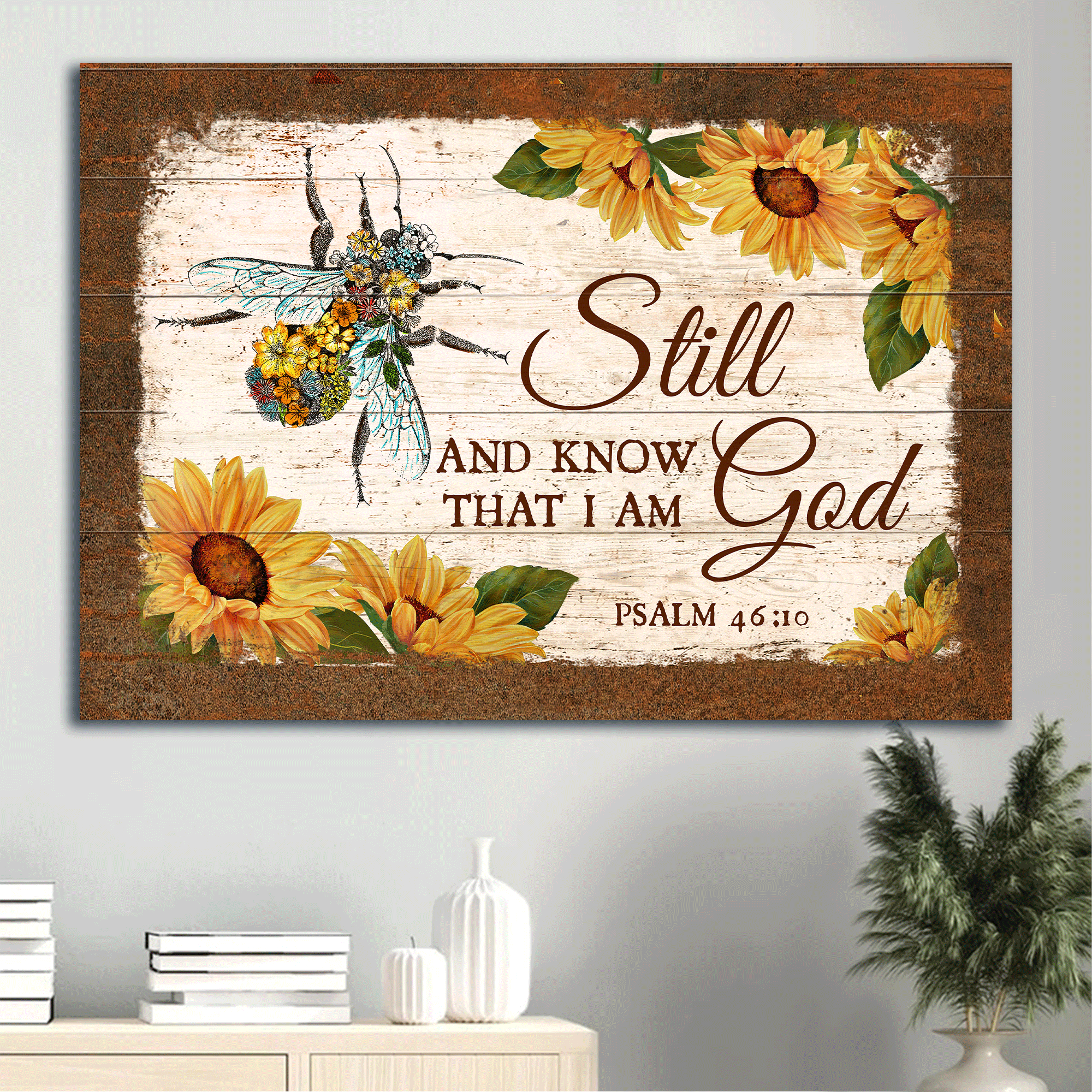 Jesus Landscape Canvas - Sunflower Painting, Colorful Bee Drawing Canvas - Gift For Christian - Still And Know That I Am God Canvas