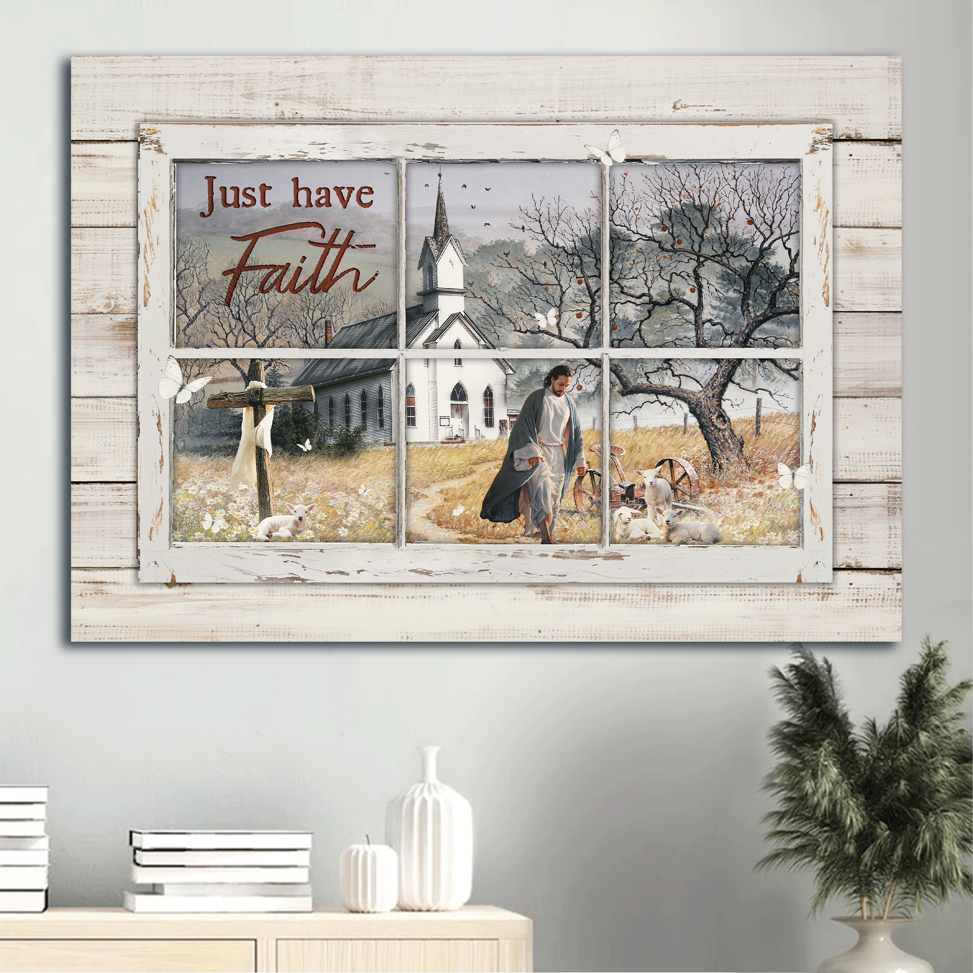 Jesus Landscape Canvas - Vintage Church, Peace Painting, Walking With Jesus Canvas - Gift For Christian - Just Have Faith Canvas