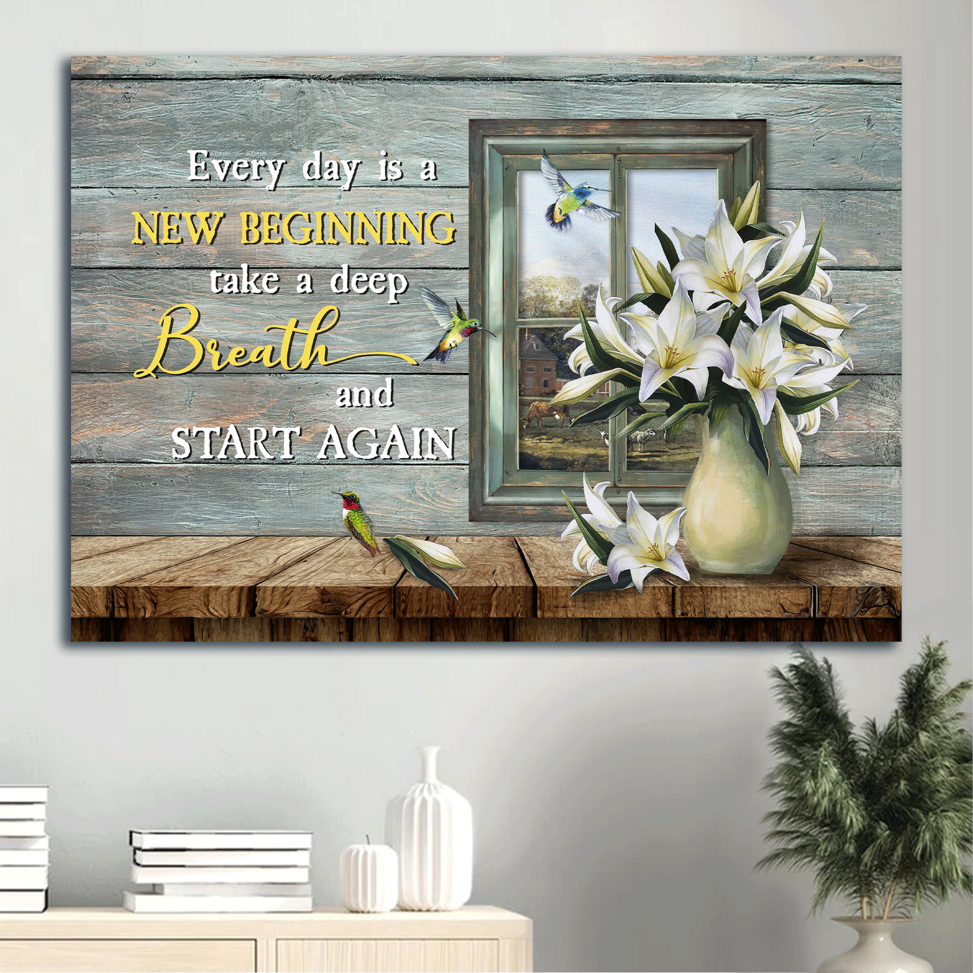 Jesus Landscape Canvas - Lily flower, Hummingbird Canvas - Gift For Christian - Everyday is a new beginning Landscape Canvas