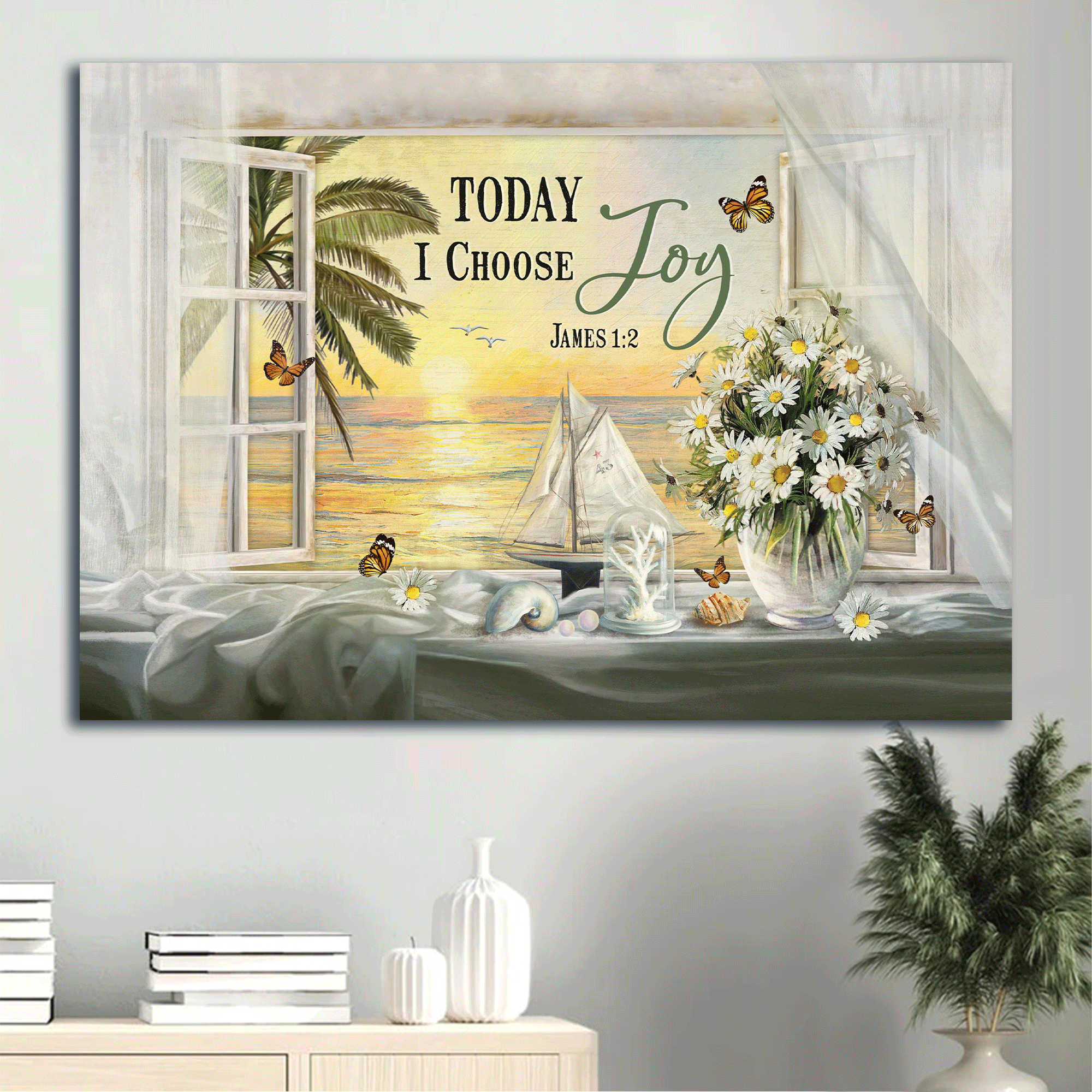 Jesus Landscape Canvas- Beautiful Day, Sunset Drawing, Daisy Canvas- Gift For Christian- Today I Choose Joy