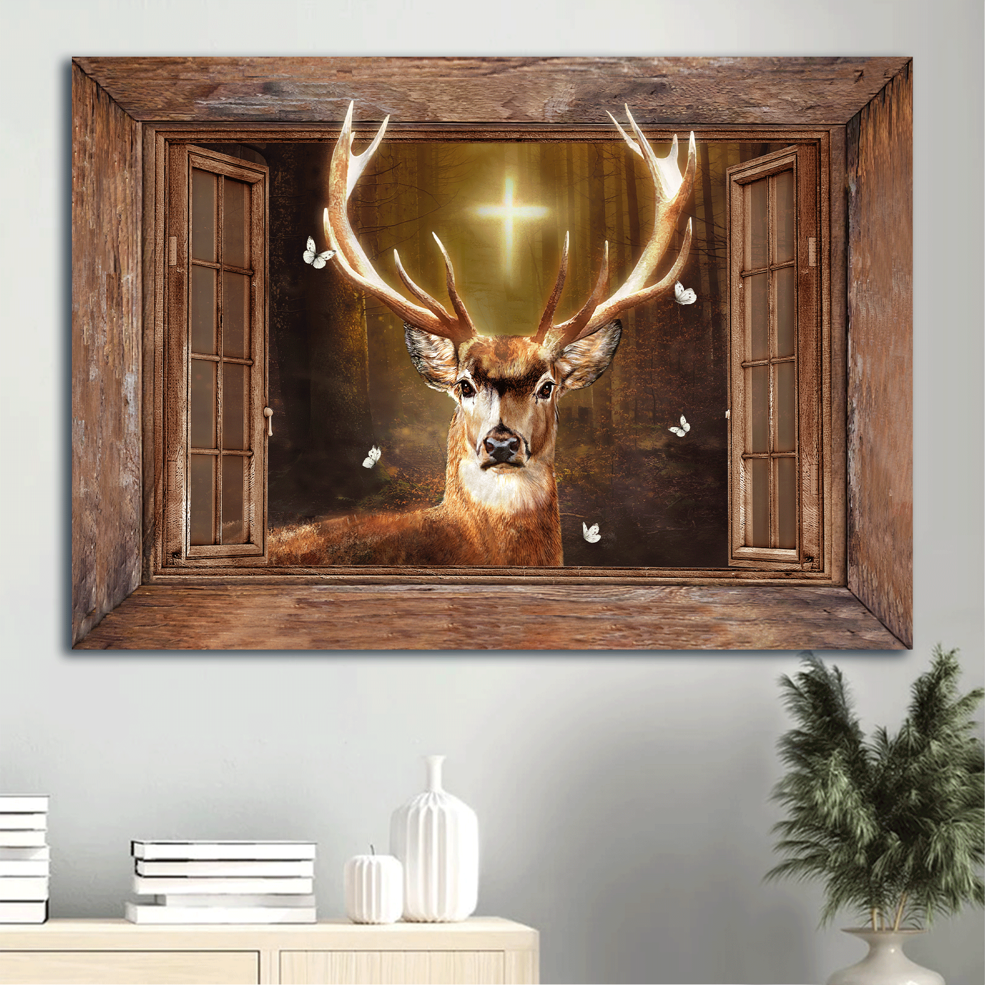 Jesus Landscape Canvas- Deer painting, Cross light, Window frame, In the forest, White butterfly canvas- Gift for Christian